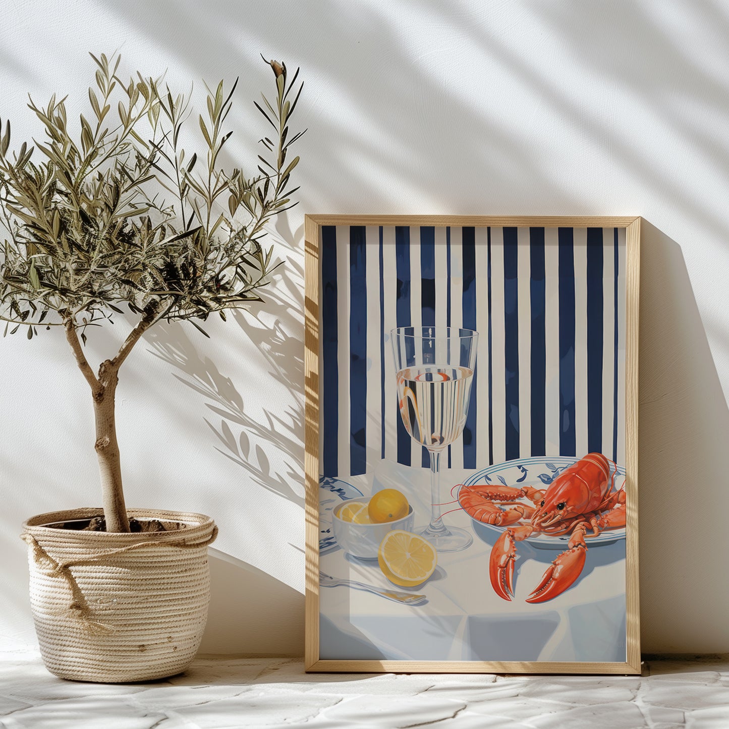 Lobster, Lemon and Wine Preppy Stripe Matte Vertical Poster Art Print