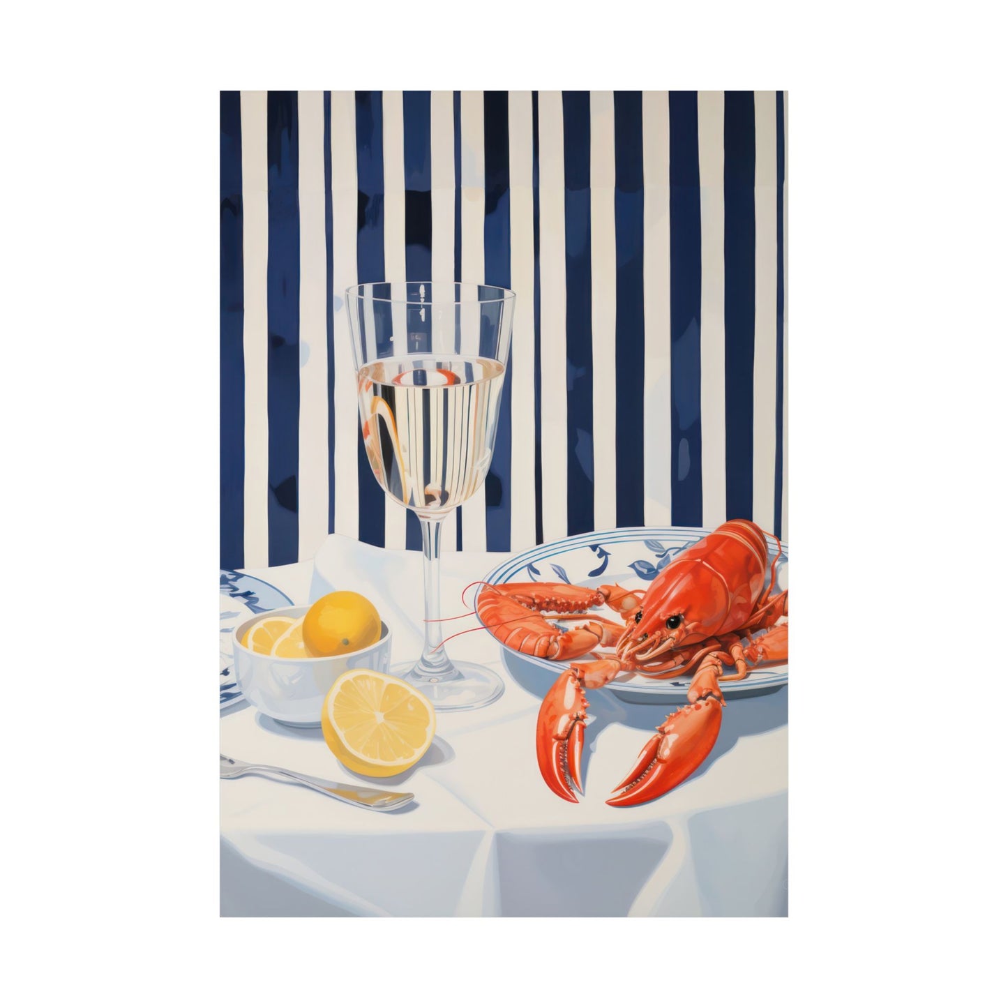 Lobster, Lemon and Wine Preppy Stripe Matte Vertical Poster Art Print