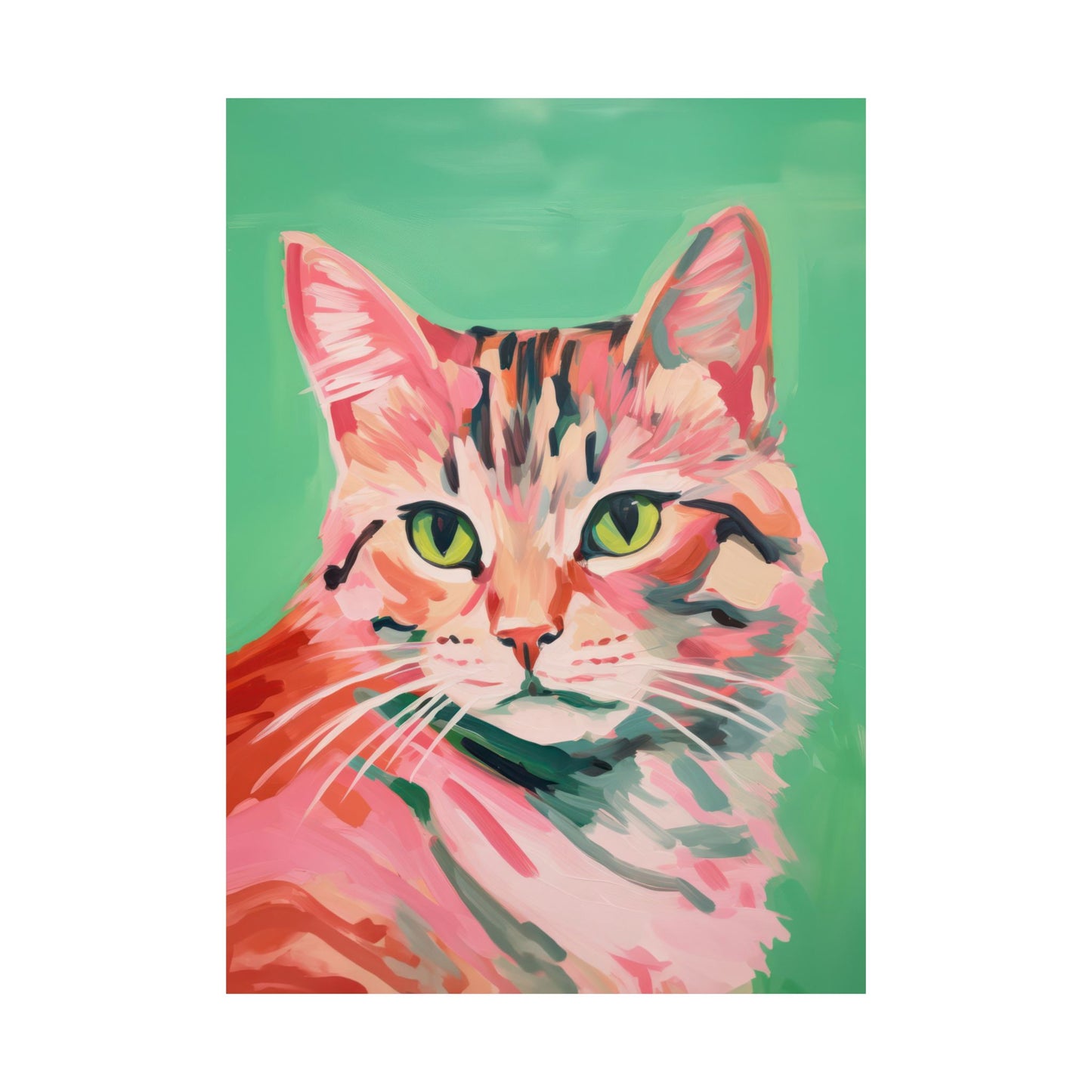 Colorful Green and Pink Eclectic Cat Matte Vertical Poster Art Print