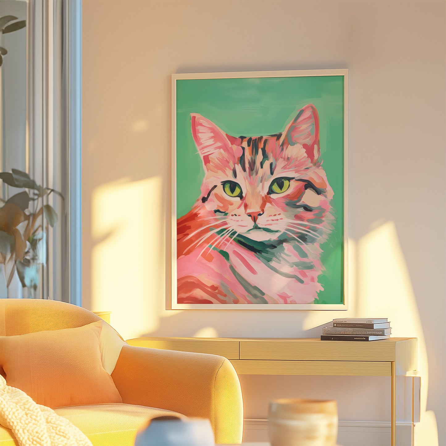 Colorful Green and Pink Eclectic Cat Matte Vertical Poster Art Print