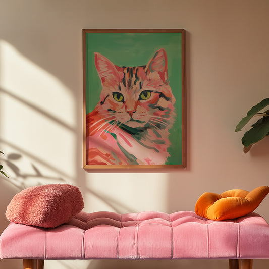 Colorful Green and Pink Eclectic Cat Matte Vertical Poster Art Print