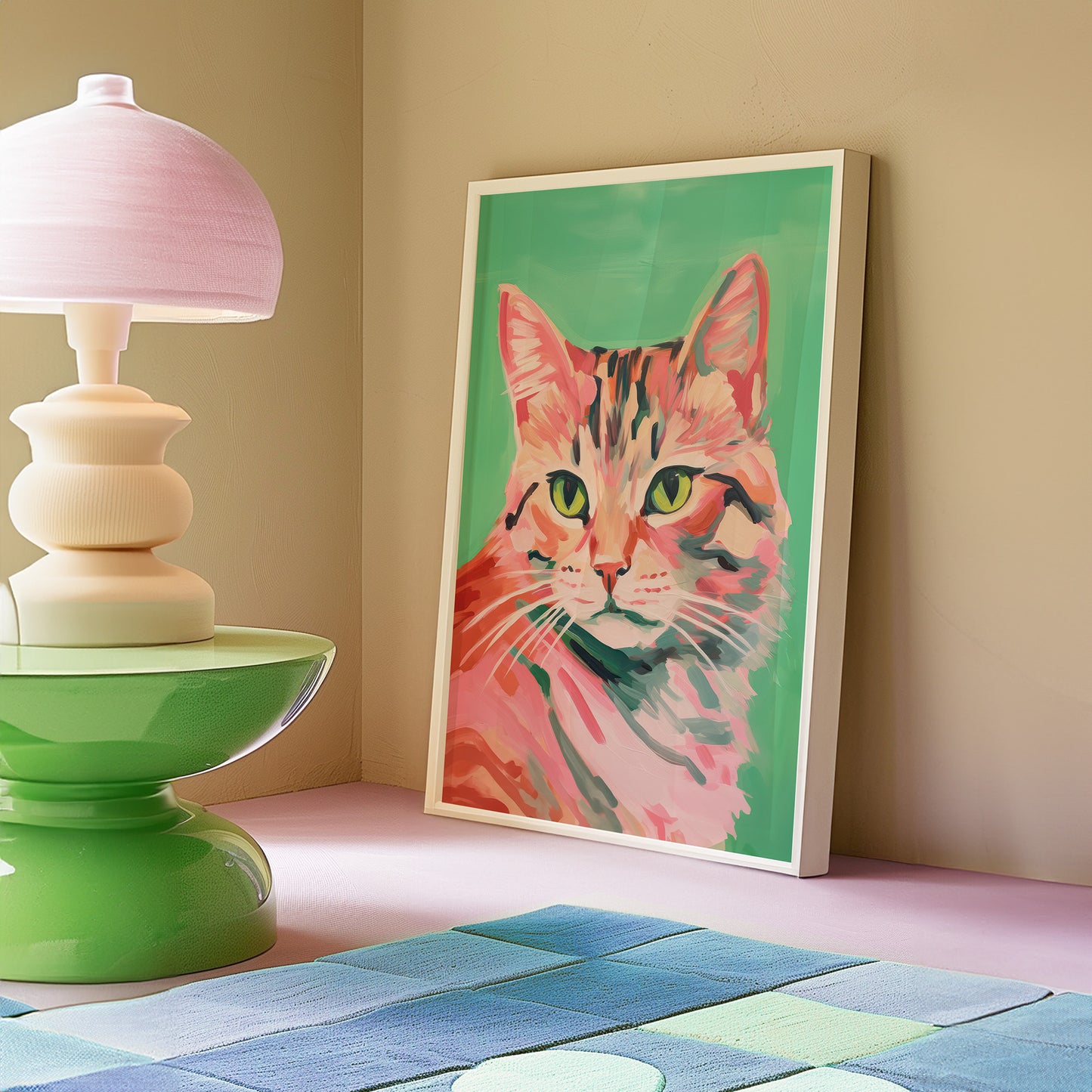Colorful Green and Pink Eclectic Cat Matte Vertical Poster Art Print