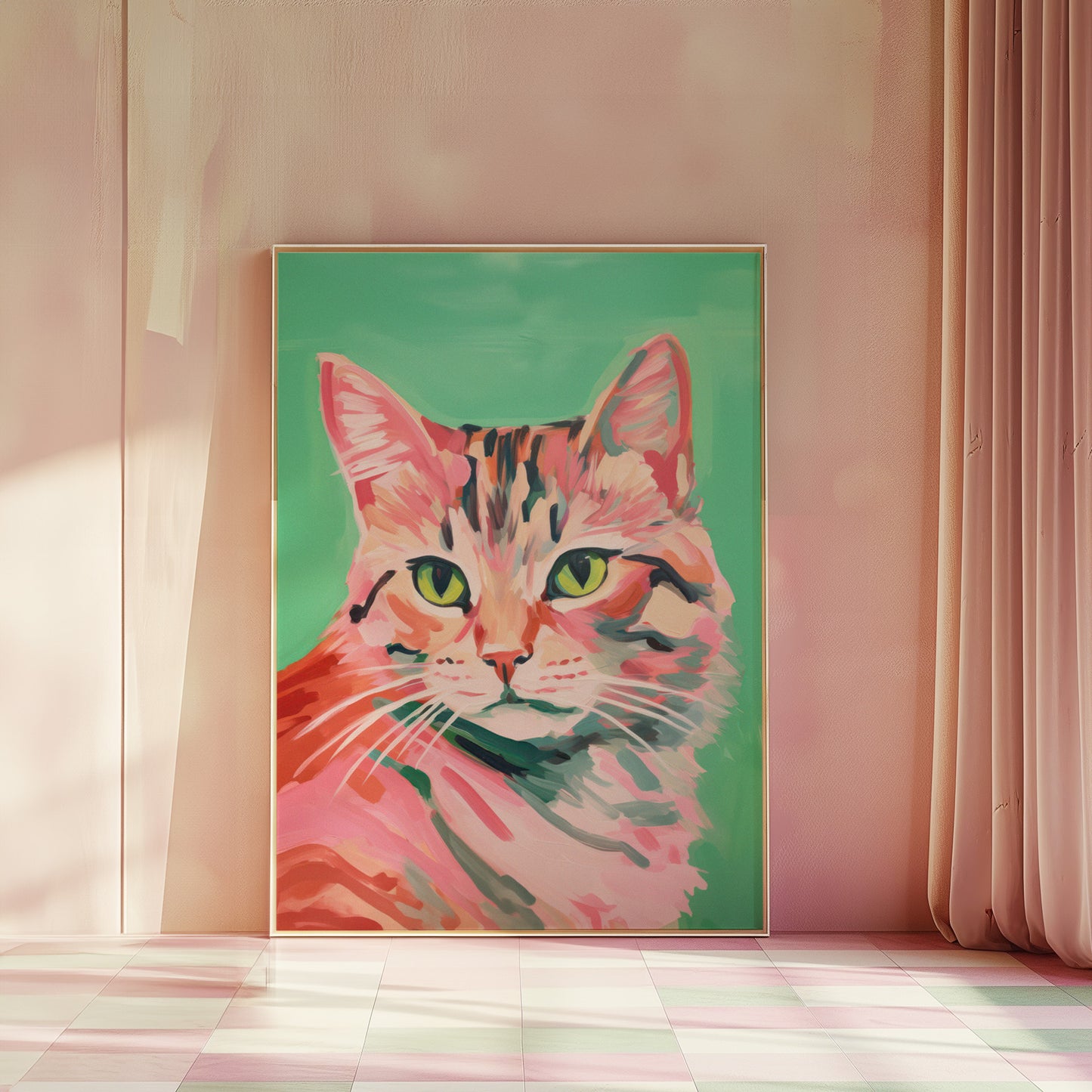 Colorful Green and Pink Eclectic Cat Matte Vertical Poster Art Print
