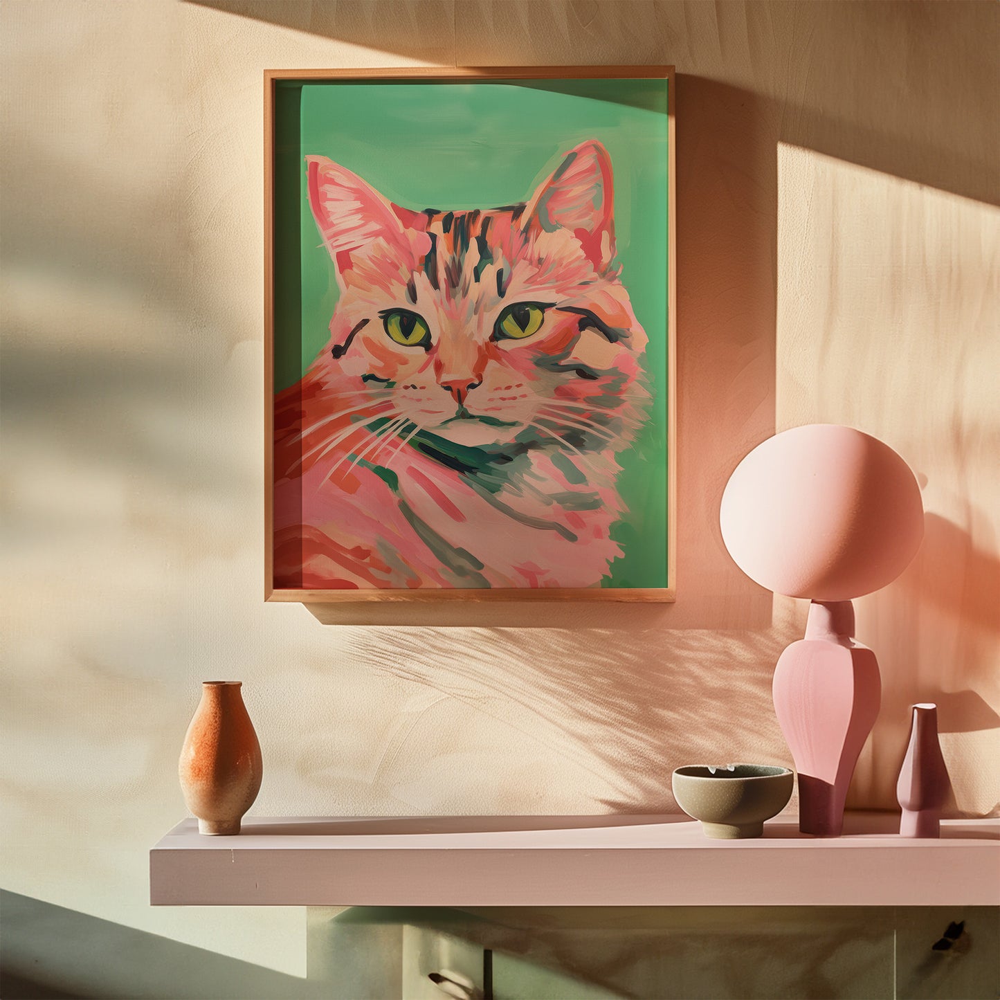Colorful Green and Pink Eclectic Cat Matte Vertical Poster Art Print