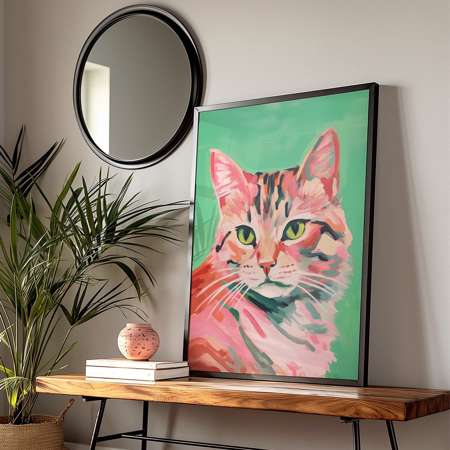 Colorful Green and Pink Eclectic Cat Matte Vertical Poster Art Print