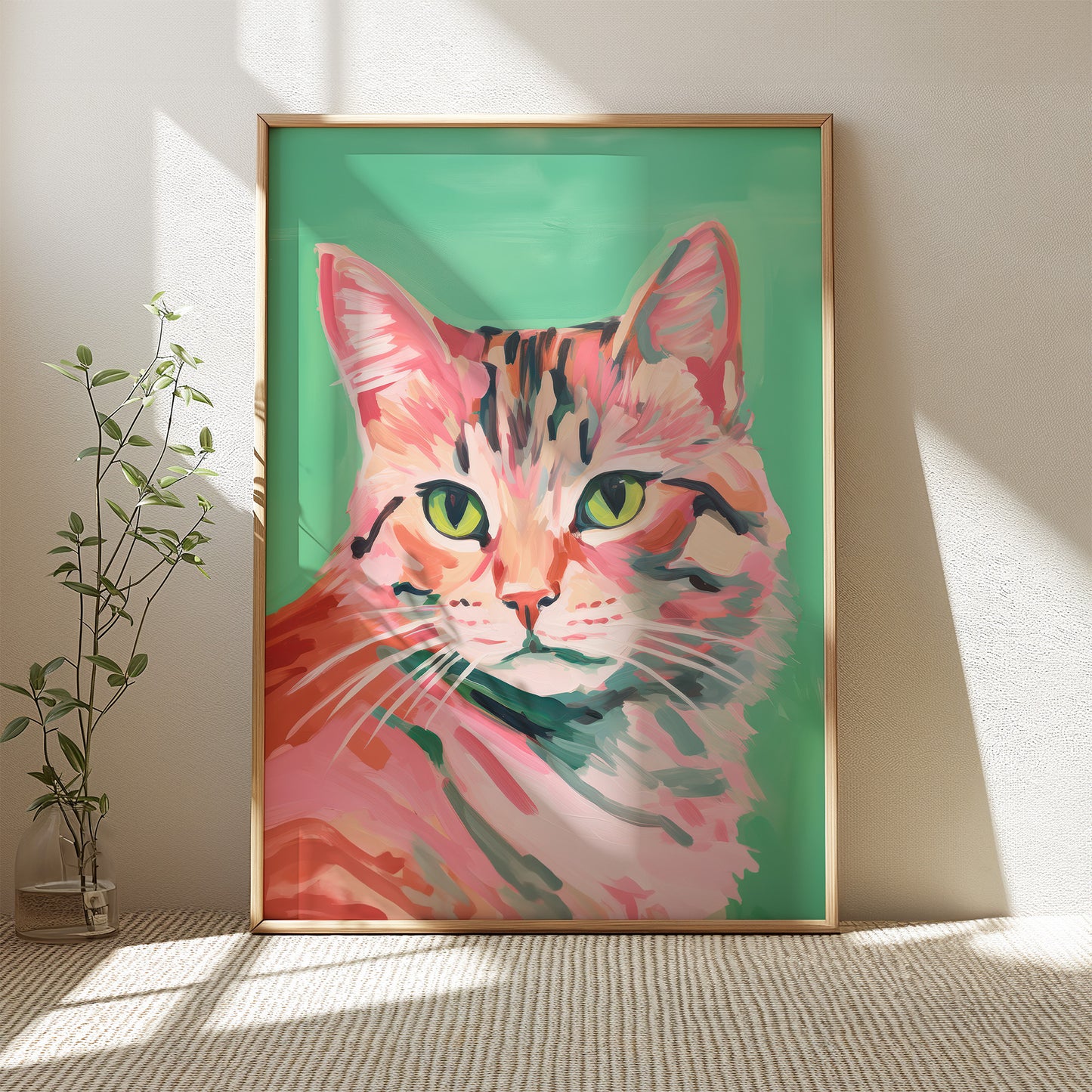 Colorful Green and Pink Eclectic Cat Matte Vertical Poster Art Print