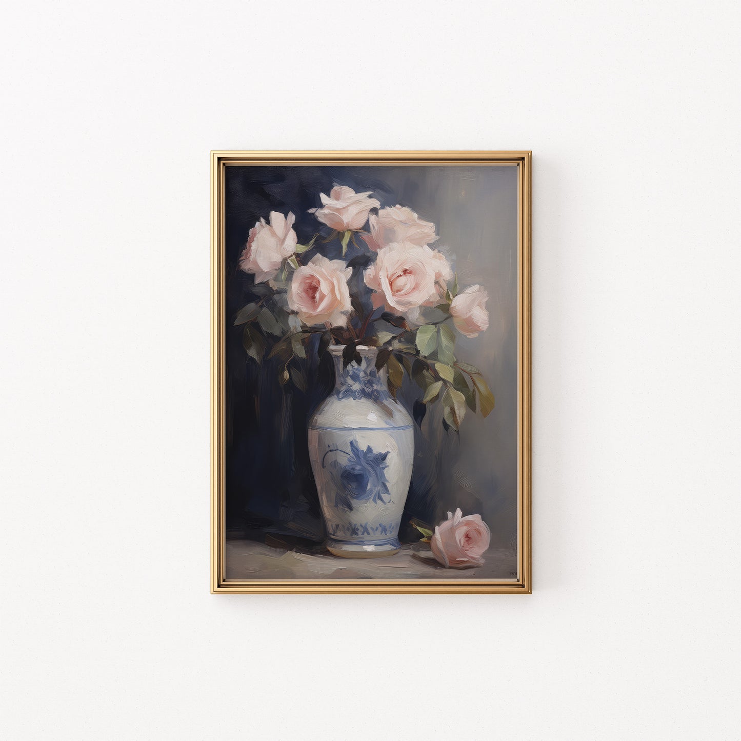 Blush Pink Roses in Blue Chinoserie Vase Matte Vertical Poster Art Print