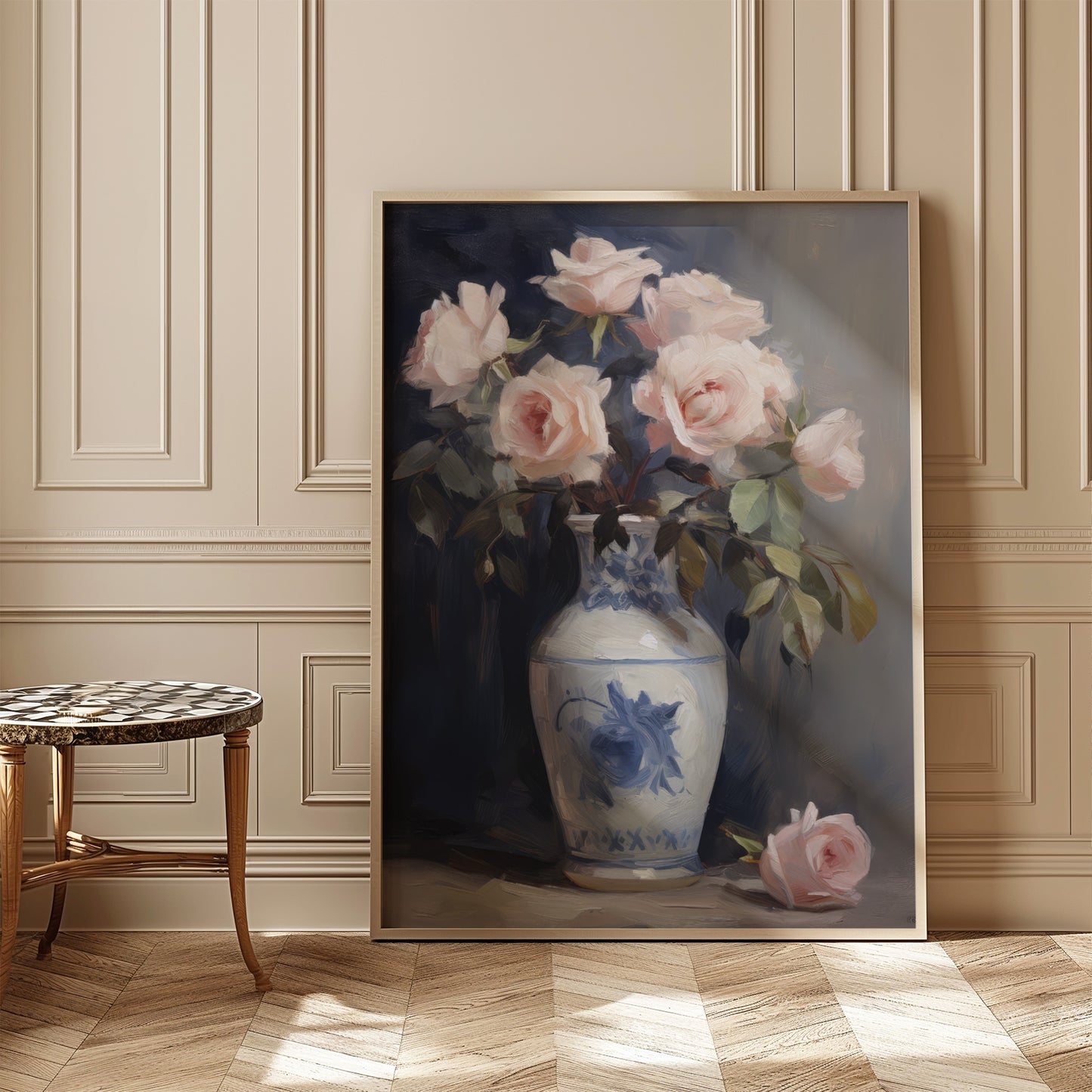 Blush Pink Roses in Blue Chinoserie Vase Matte Vertical Poster Art Print
