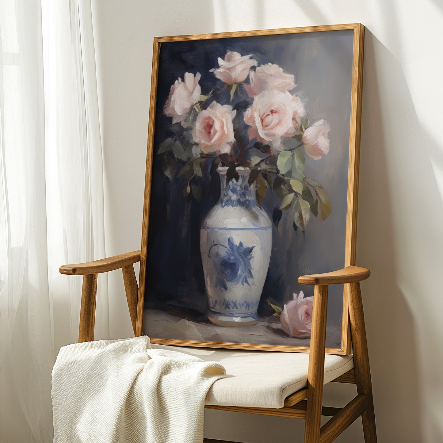 Blush Pink Roses in Blue Chinoserie Vase Matte Vertical Poster Art Print