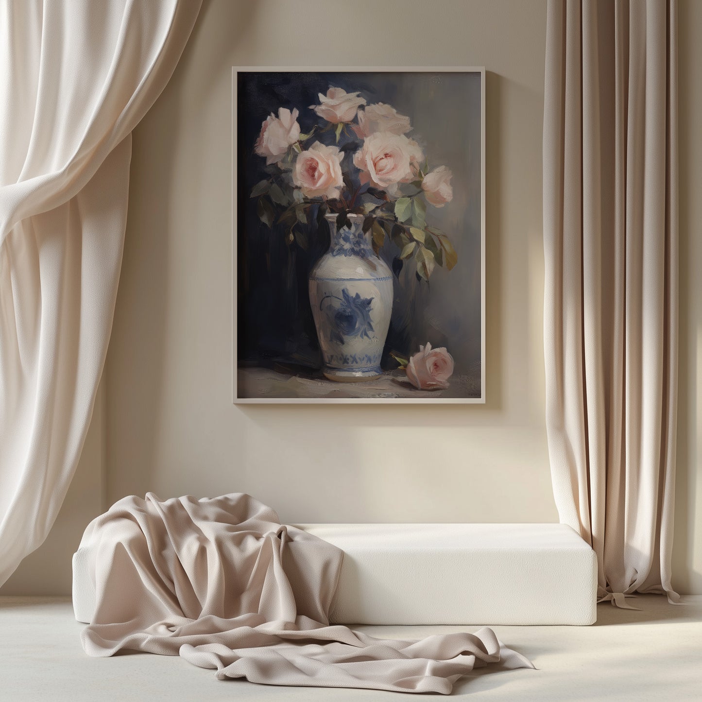 Blush Pink Roses in Blue Chinoserie Vase Matte Vertical Poster Art Print