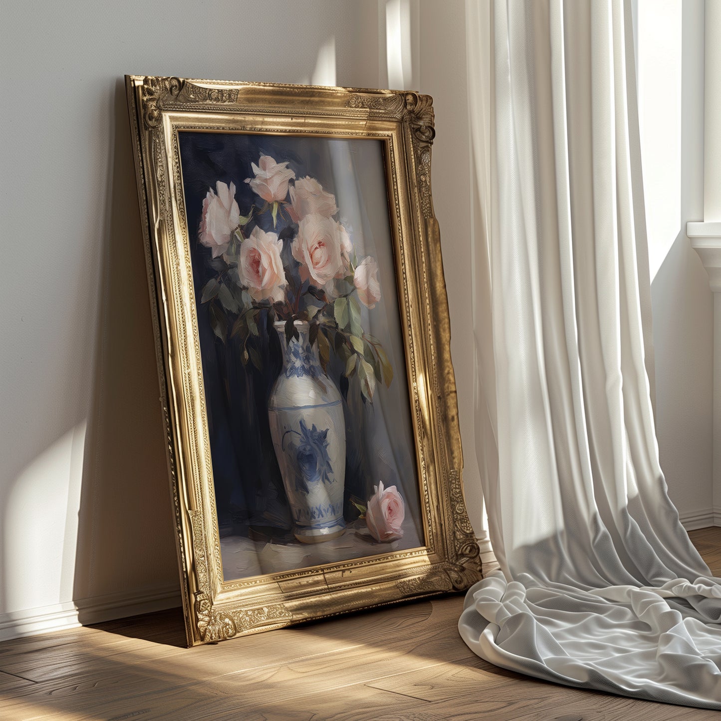 Blush Pink Roses in Blue Chinoserie Vase Matte Vertical Poster Art Print