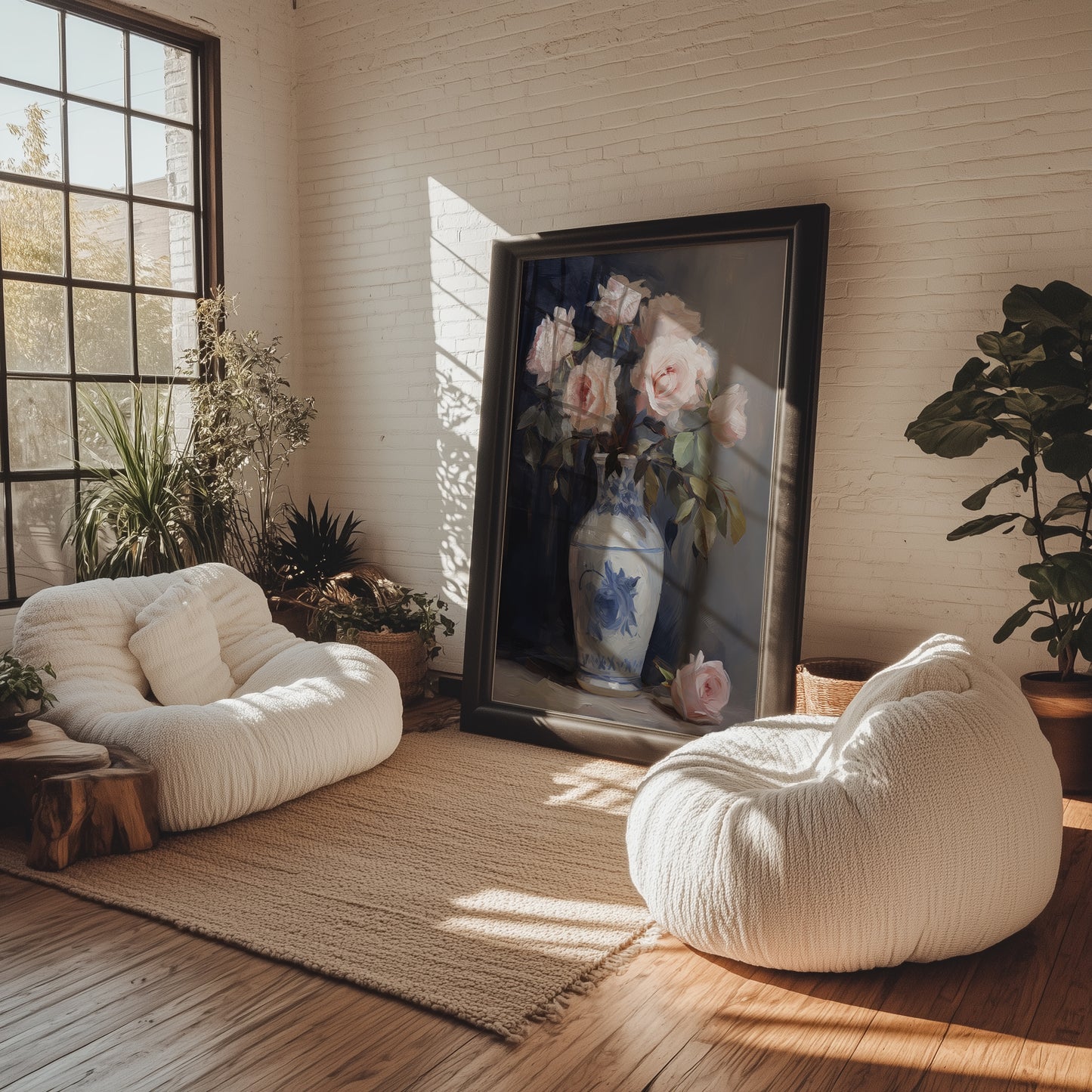 Blush Pink Roses in Blue Chinoserie Vase Matte Vertical Poster Art Print