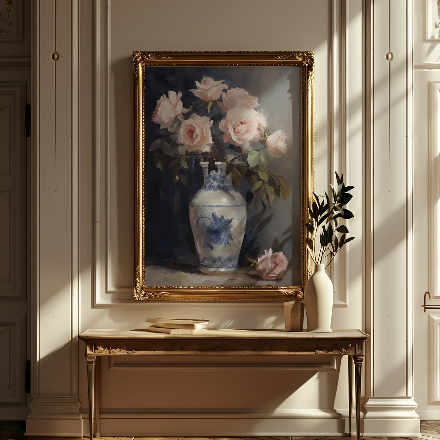 Blush Pink Roses in Blue Chinoserie Vase Matte Vertical Poster Art Print