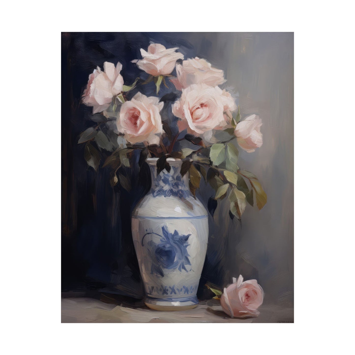 Blush Pink Roses in Blue Chinoserie Vase Matte Vertical Poster Art Print
