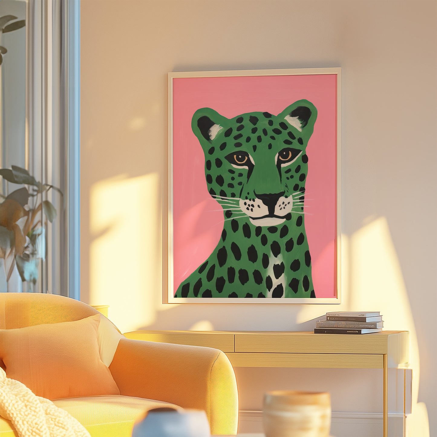 Green Cheetah Portrait with Pink Background Matte Vertical Poster Art Print