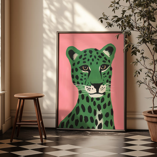 Green Cheetah Portrait with Pink Background Matte Vertical Poster Art Print