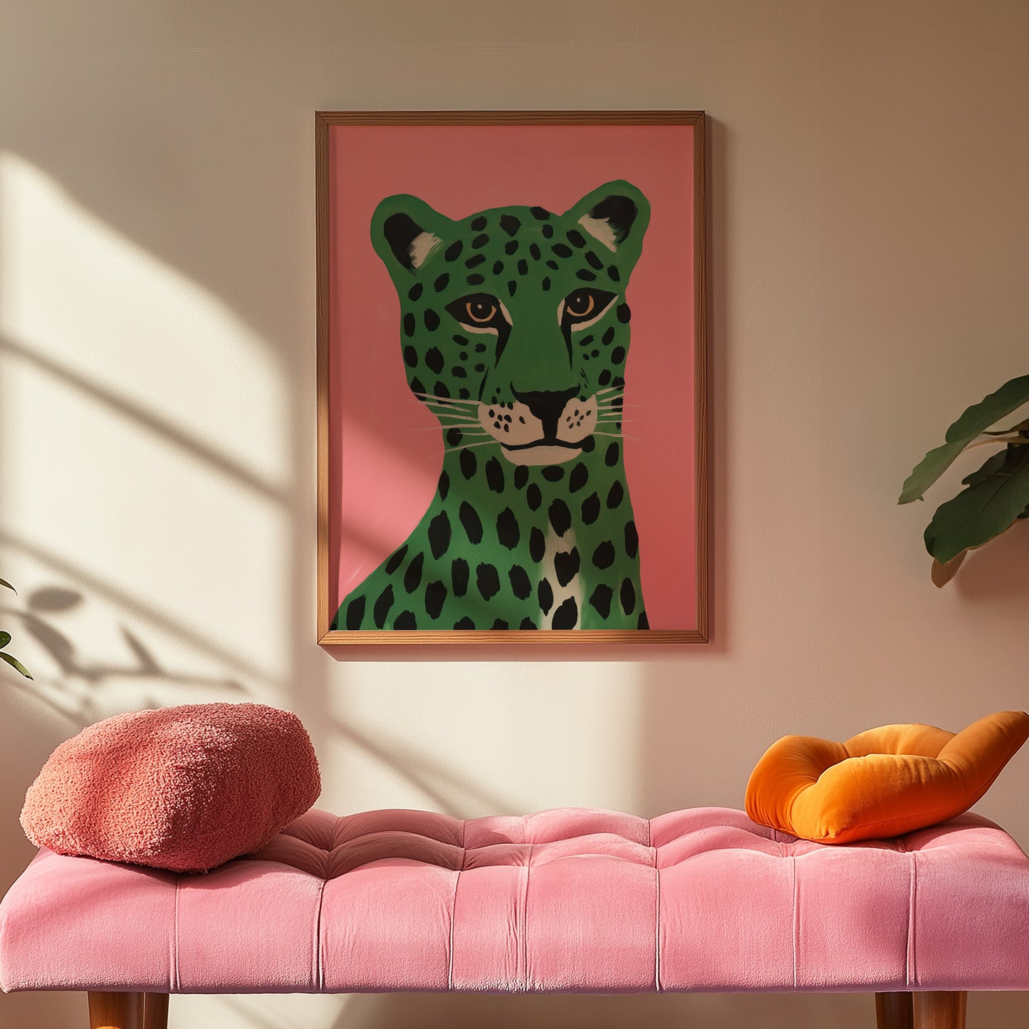 Green Cheetah Portrait with Pink Background Matte Vertical Poster Art Print