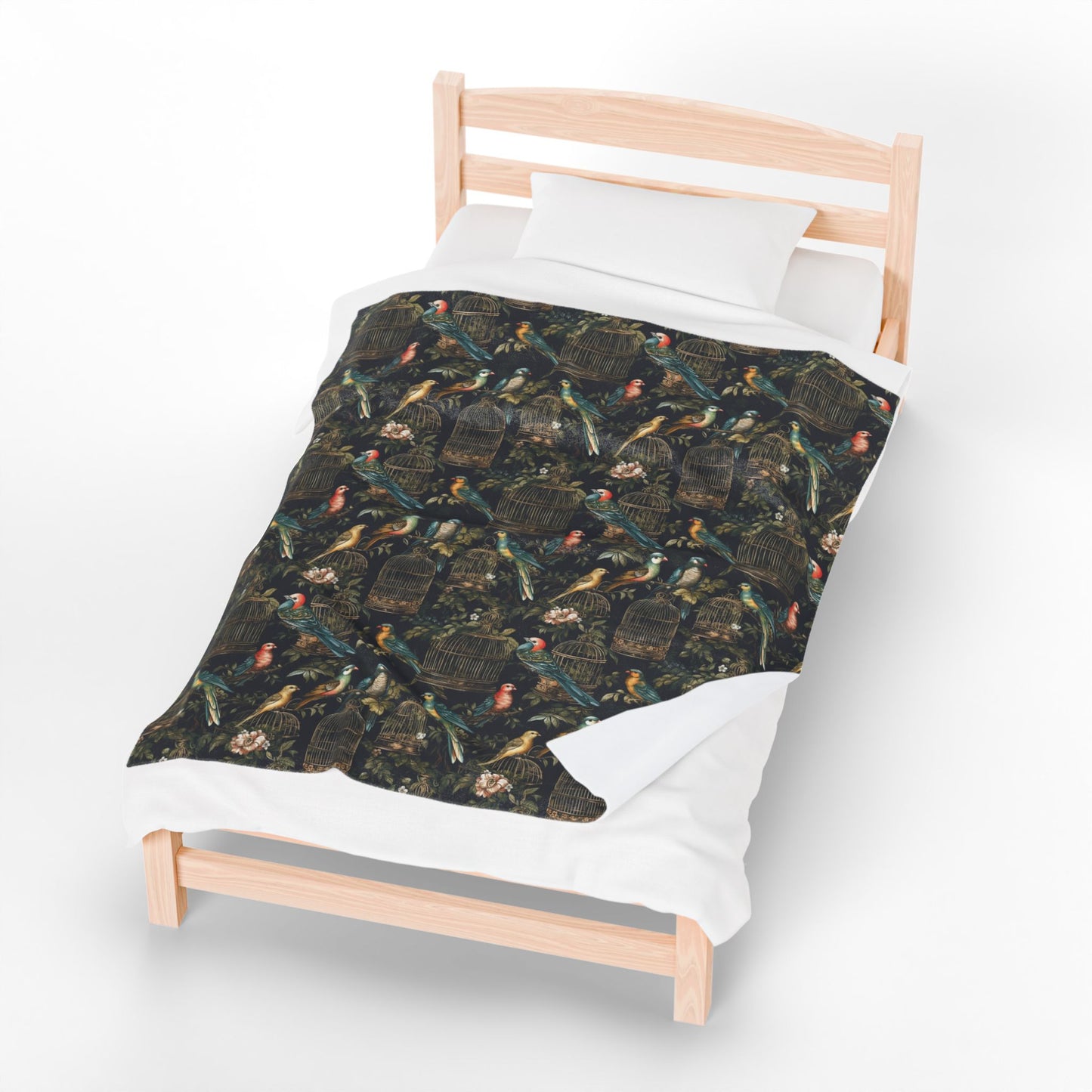 Colorful Birds in Gilded Cages Velveteen Plush Throw Blanket