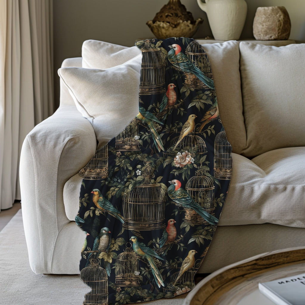 Colorful Birds in Gilded Cages Velveteen Plush Throw Blanket