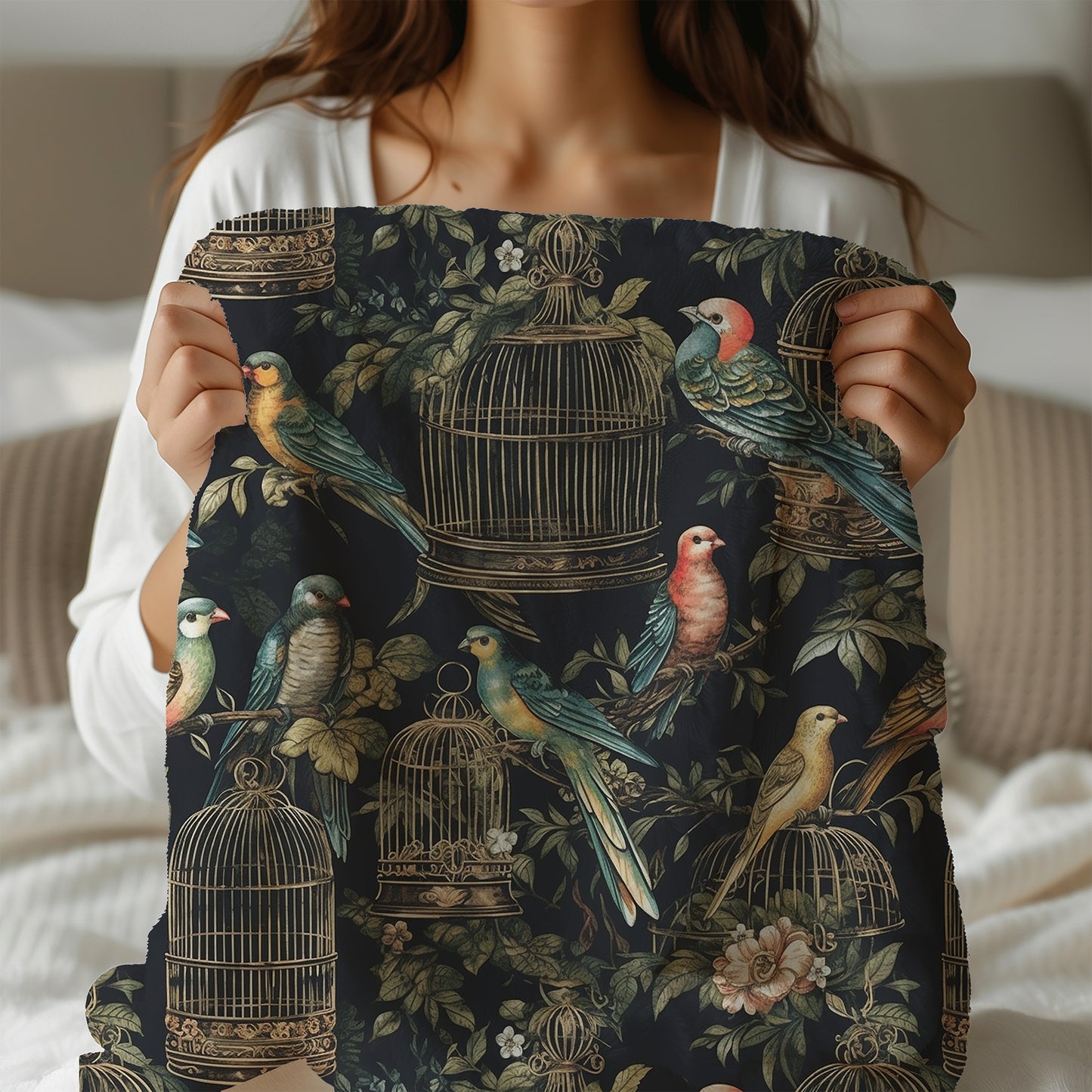 Colorful Birds in Gilded Cages Velveteen Plush Throw Blanket