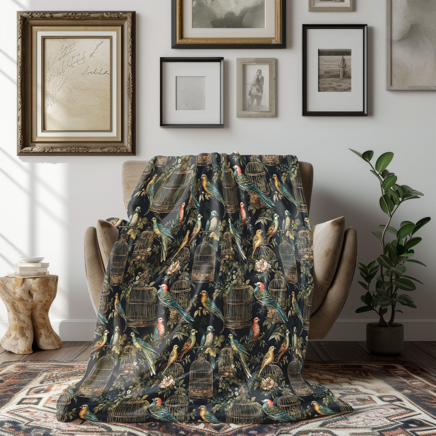 Colorful Birds in Gilded Cages Velveteen Plush Throw Blanket