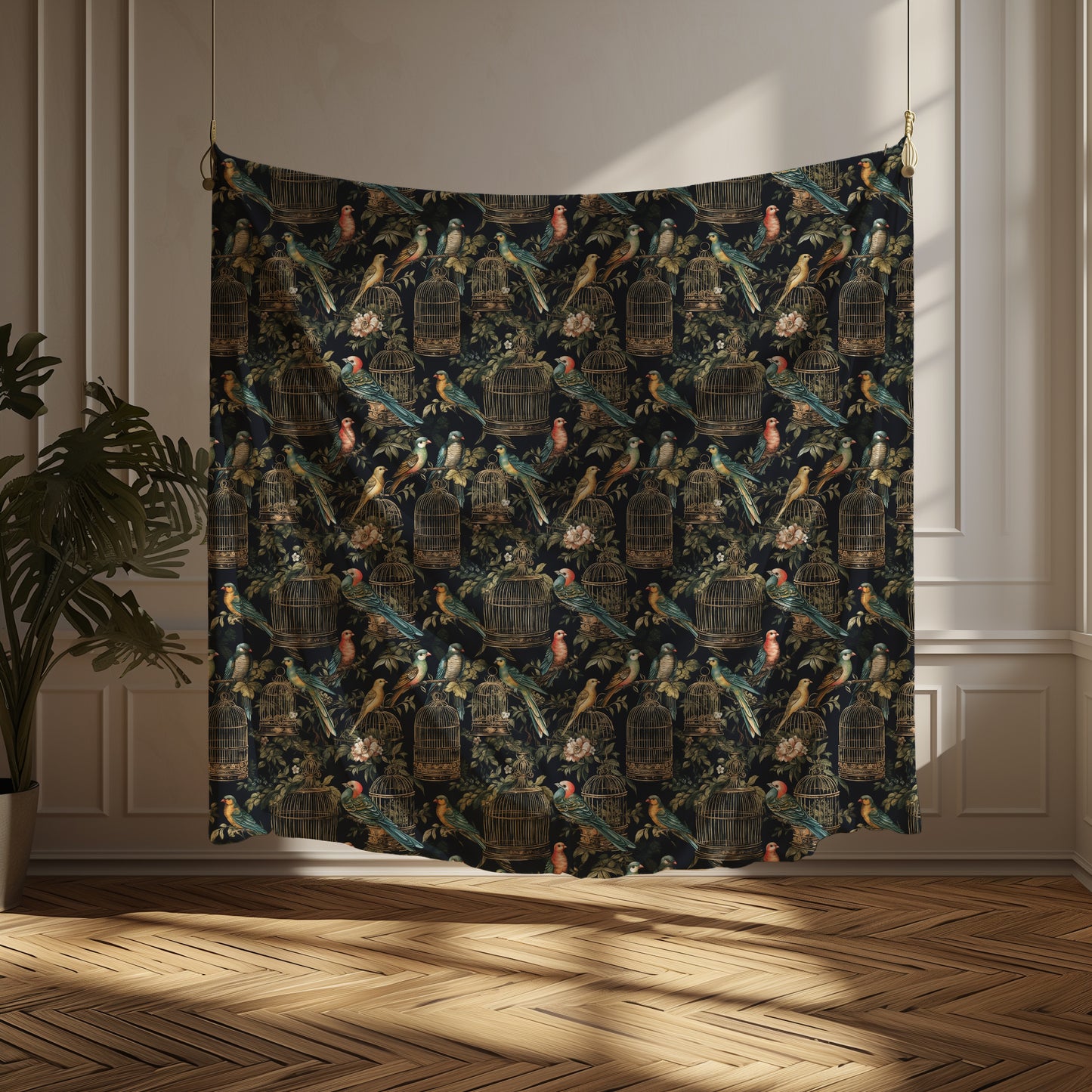 Colorful Birds in Gilded Cages Velveteen Plush Throw Blanket