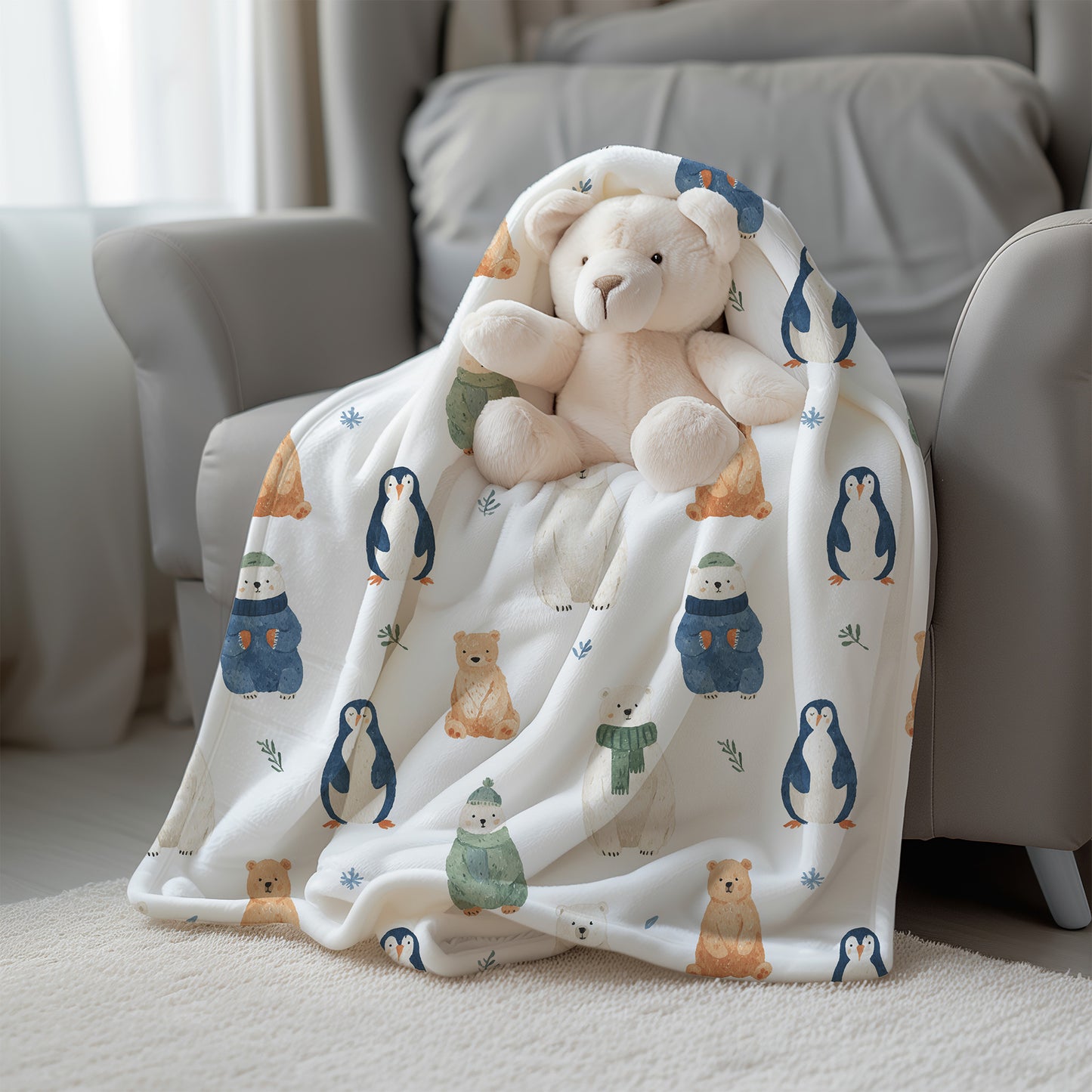 Whimsical Winter Animals in Scarves and Hats Velveteen Plush Throw Blanket