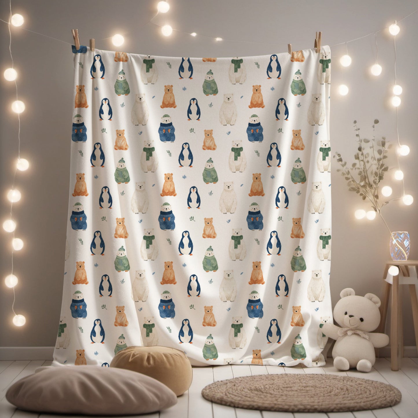 Whimsical Winter Animals in Scarves and Hats Velveteen Plush Throw Blanket