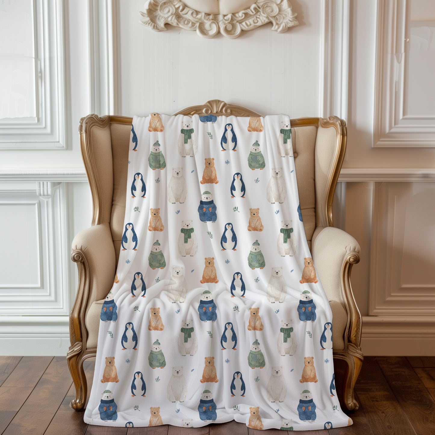 Whimsical Winter Animals in Scarves and Hats Velveteen Plush Throw Blanket