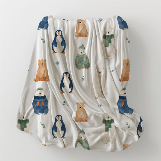 Whimsical Winter Animals in Scarves and Hats Velveteen Plush Throw Blanket