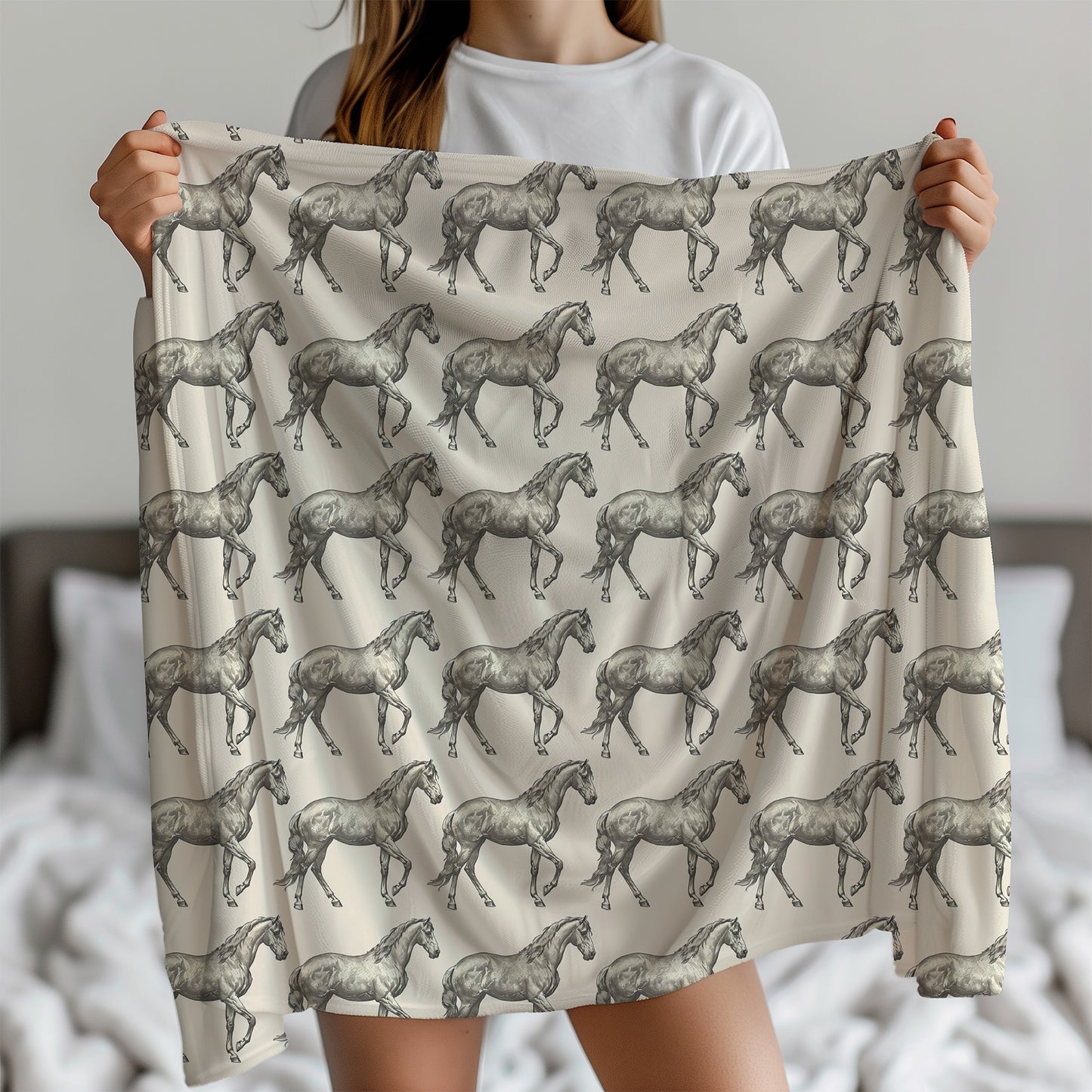 Rustic Horse Equestrian Print Velveteen Plush Throw Blanket