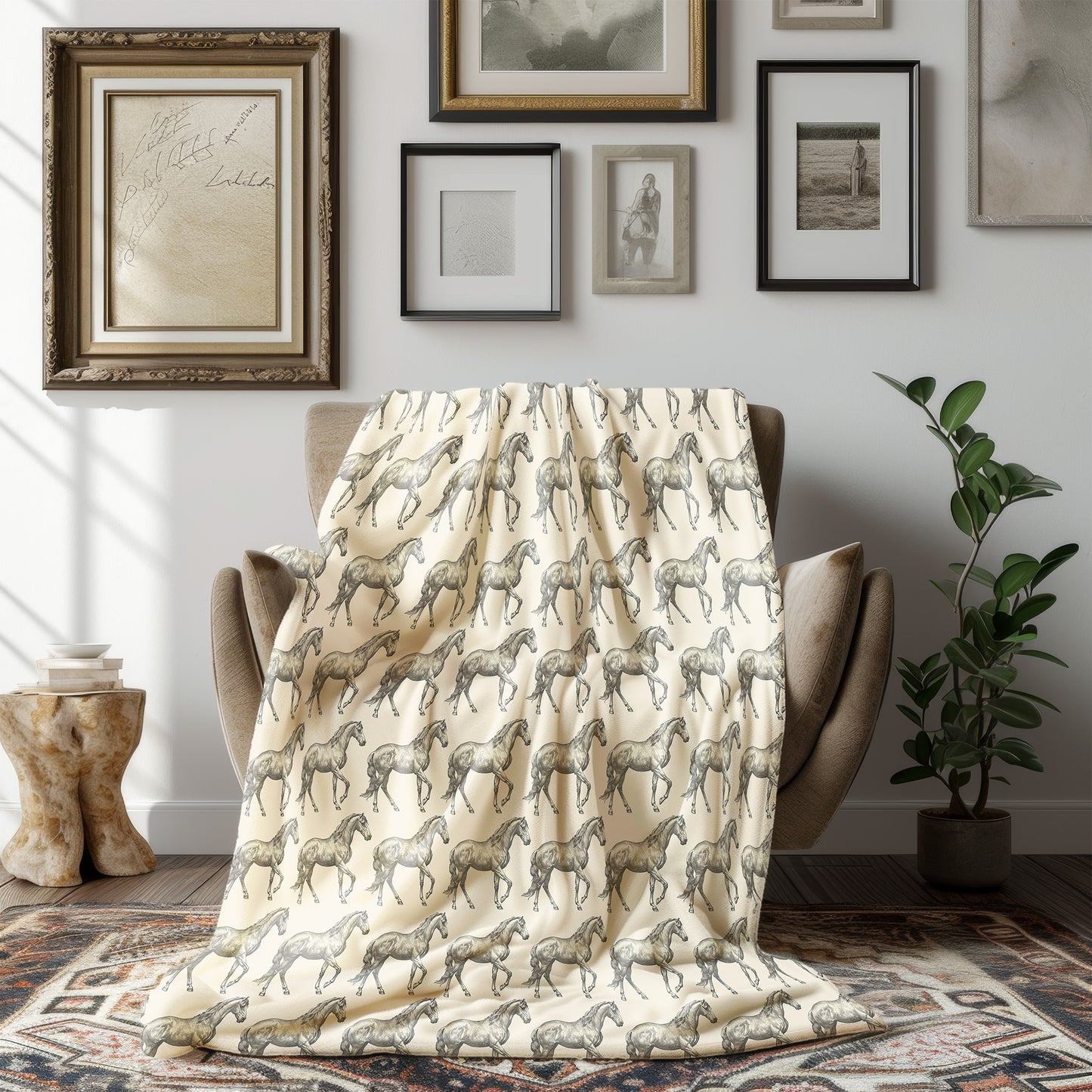 Rustic Horse Equestrian Print Velveteen Plush Throw Blanket