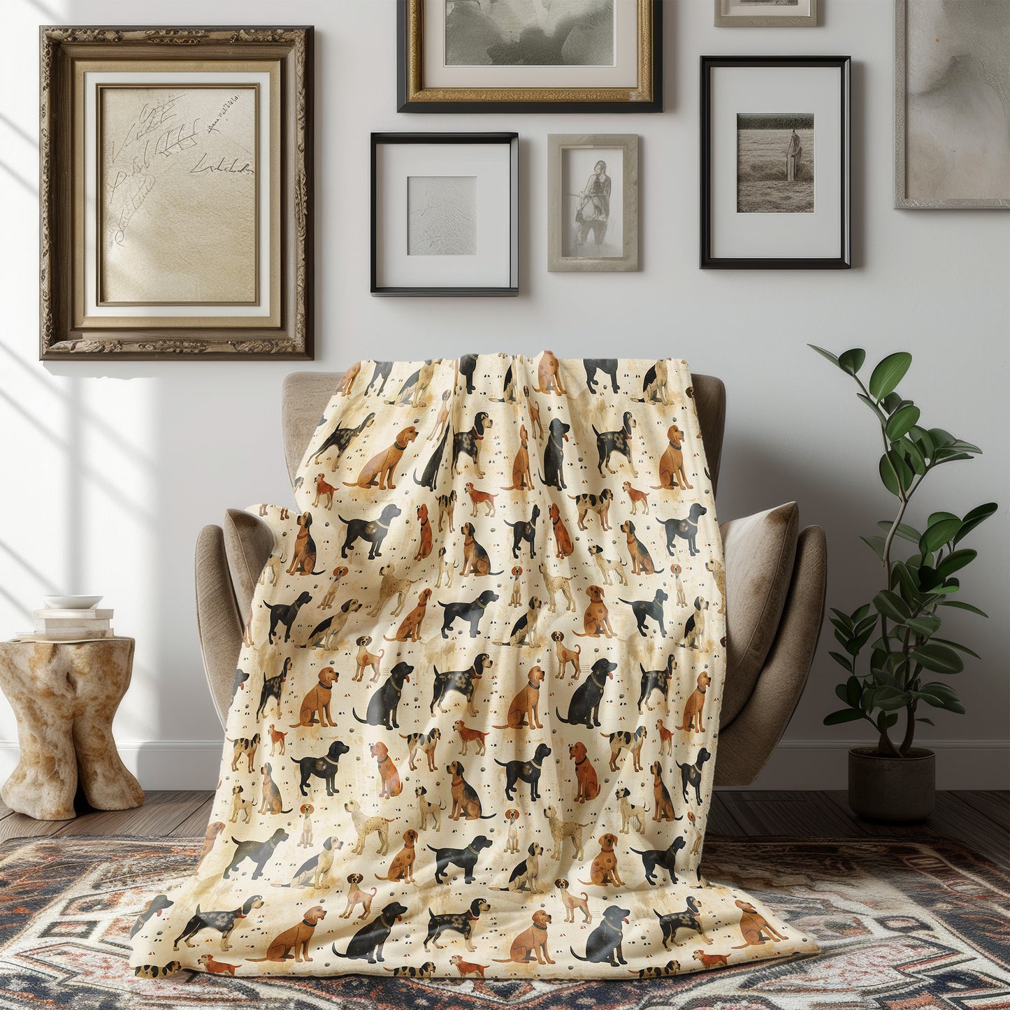 Vintage Dogs Sitting Print Velveteen Plush Throw Blanket