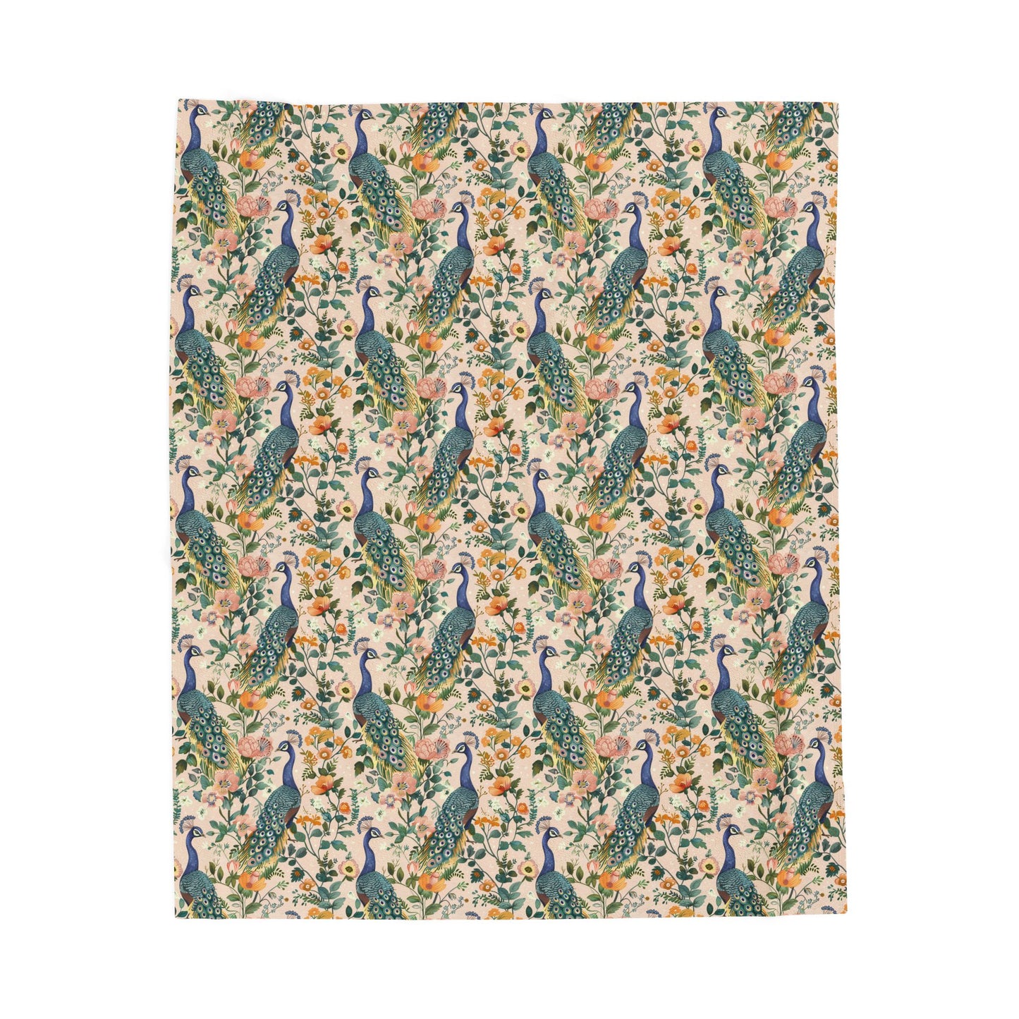 Colorful Boho Peacock and Flowers Velveteen Plush Throw Blanket