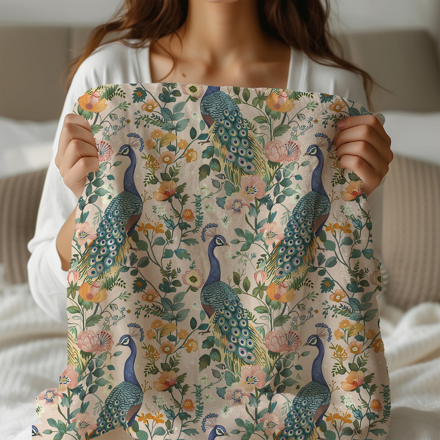 Colorful Boho Peacock and Flowers Velveteen Plush Throw Blanket