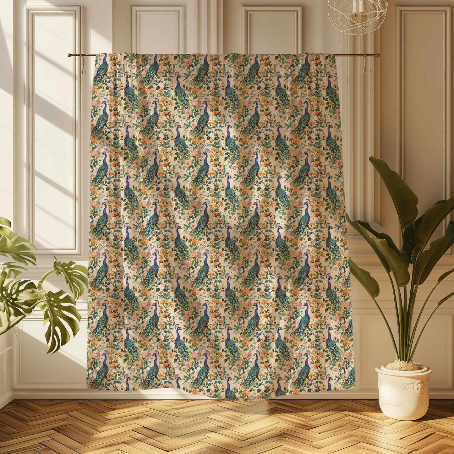 Colorful Boho Peacock and Flowers Velveteen Plush Throw Blanket