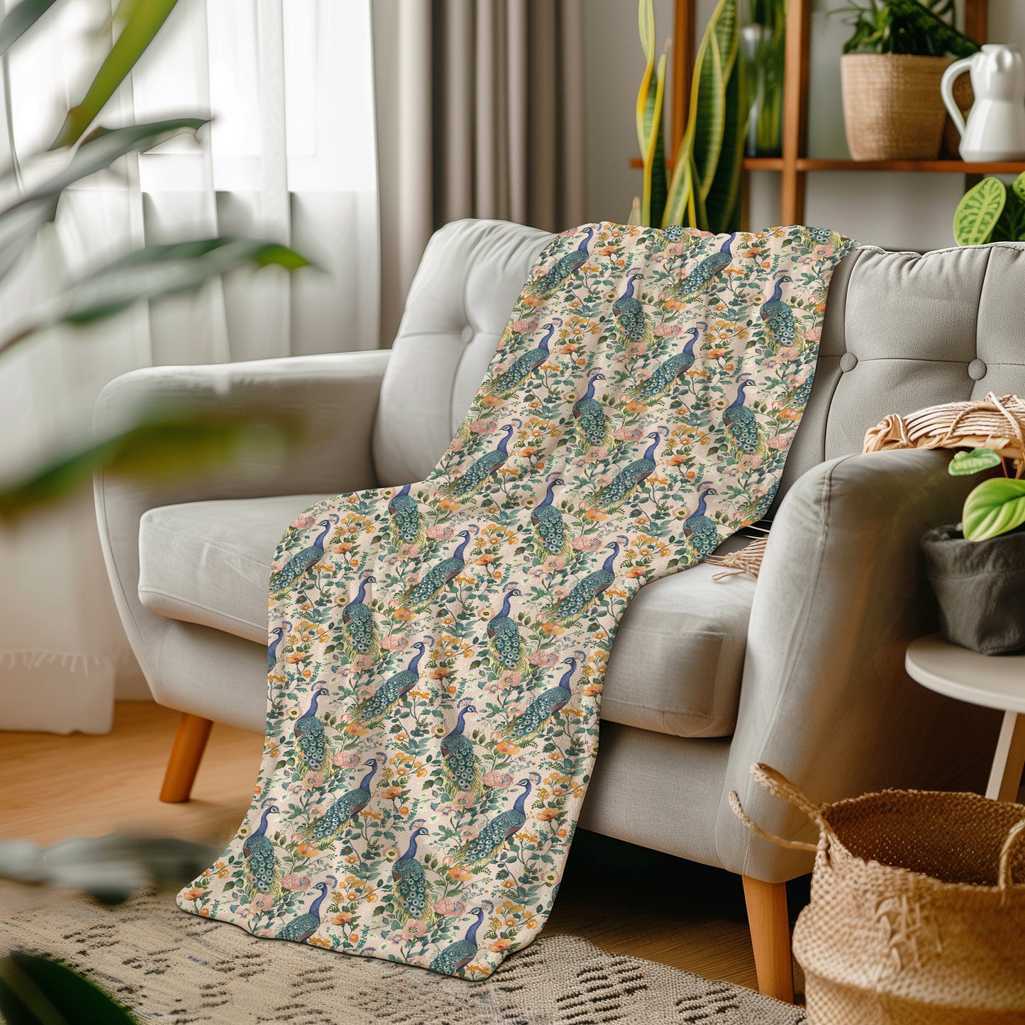 Colorful Boho Peacock and Flowers Velveteen Plush Throw Blanket