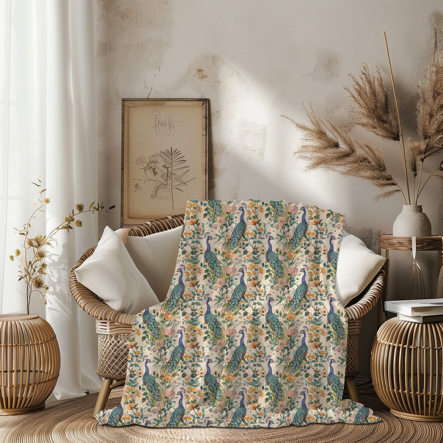 Colorful Boho Peacock and Flowers Velveteen Plush Throw Blanket