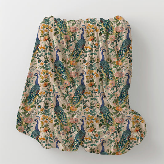 Colorful Boho Peacock and Flowers Velveteen Plush Throw Blanket