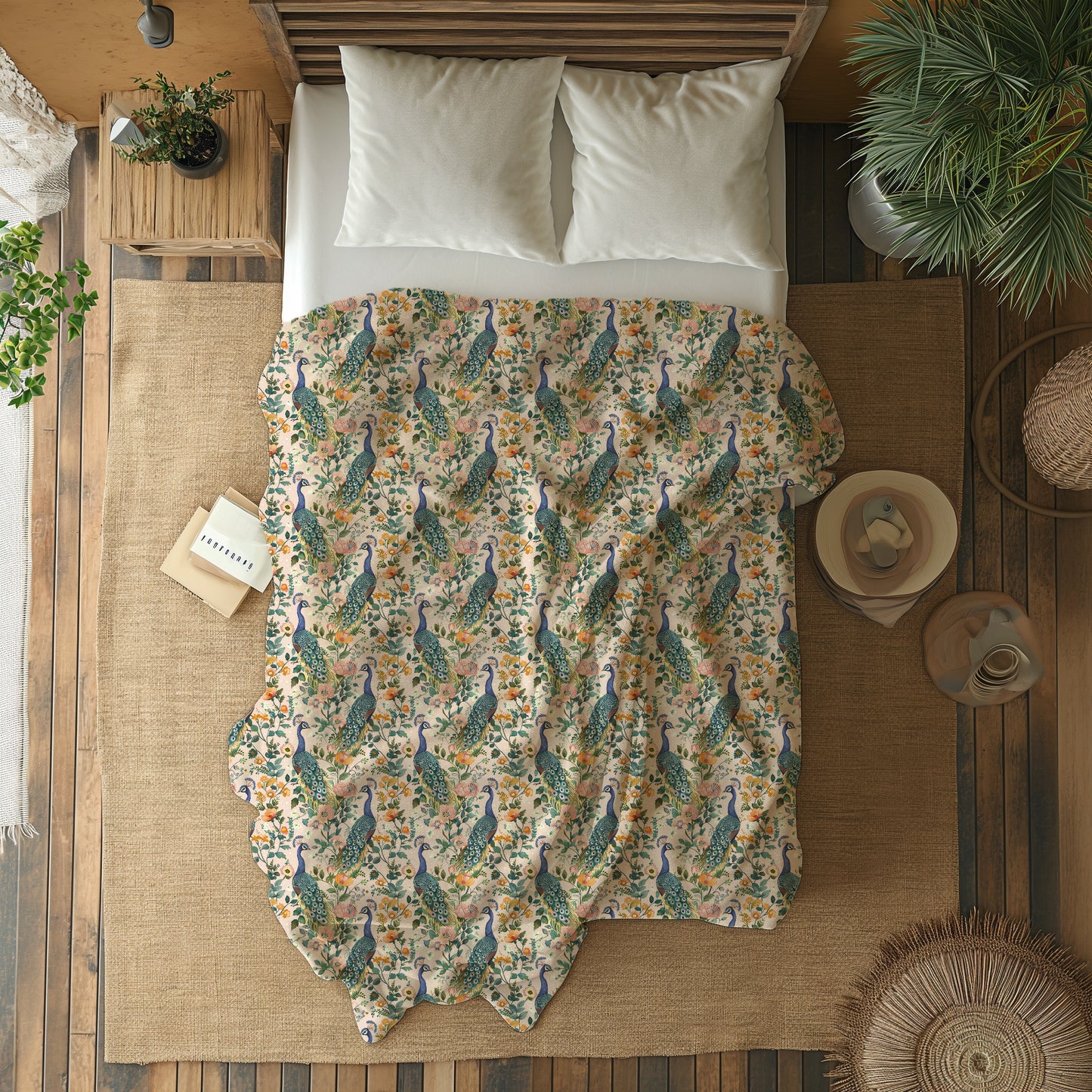 Colorful Boho Peacock and Flowers Velveteen Plush Throw Blanket
