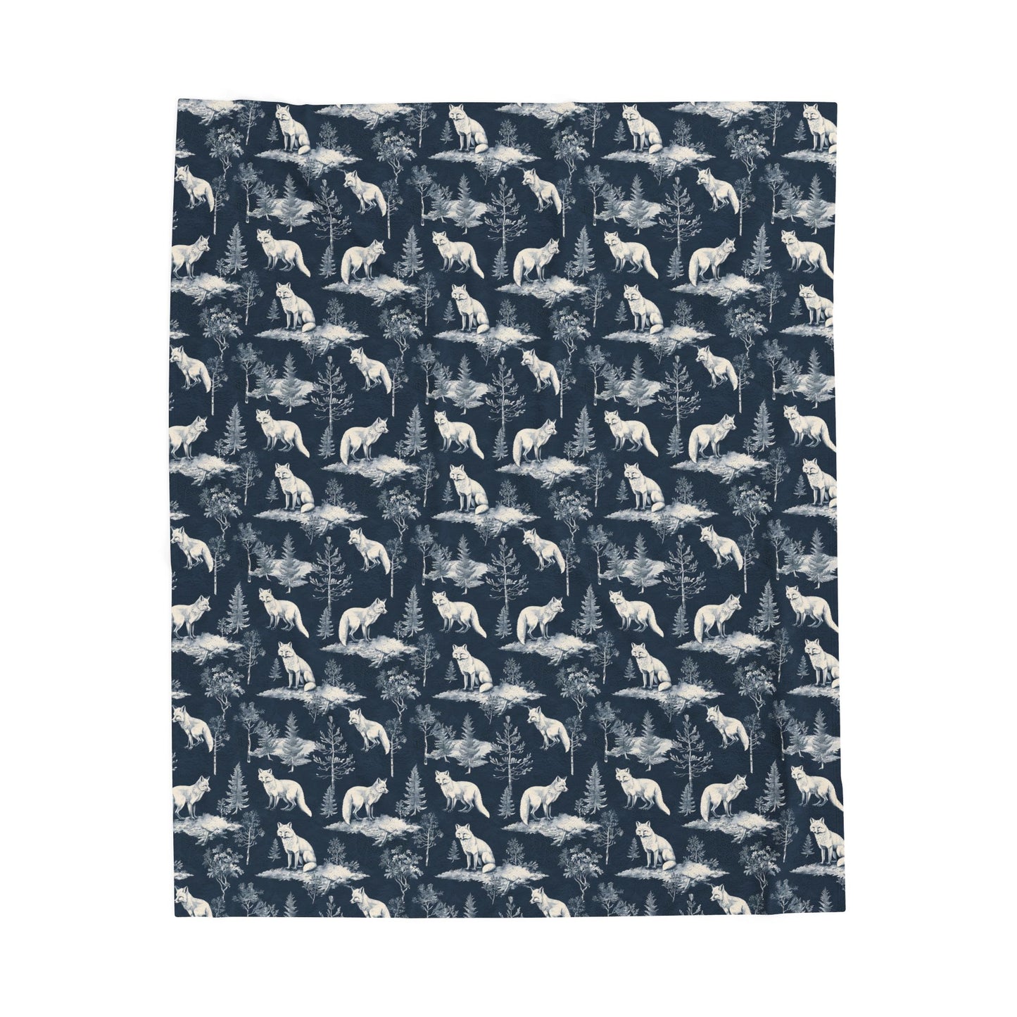 Arctic Fox and Fir Tree Winter Scene Navy and White Velveteen Plush Throw Blanket