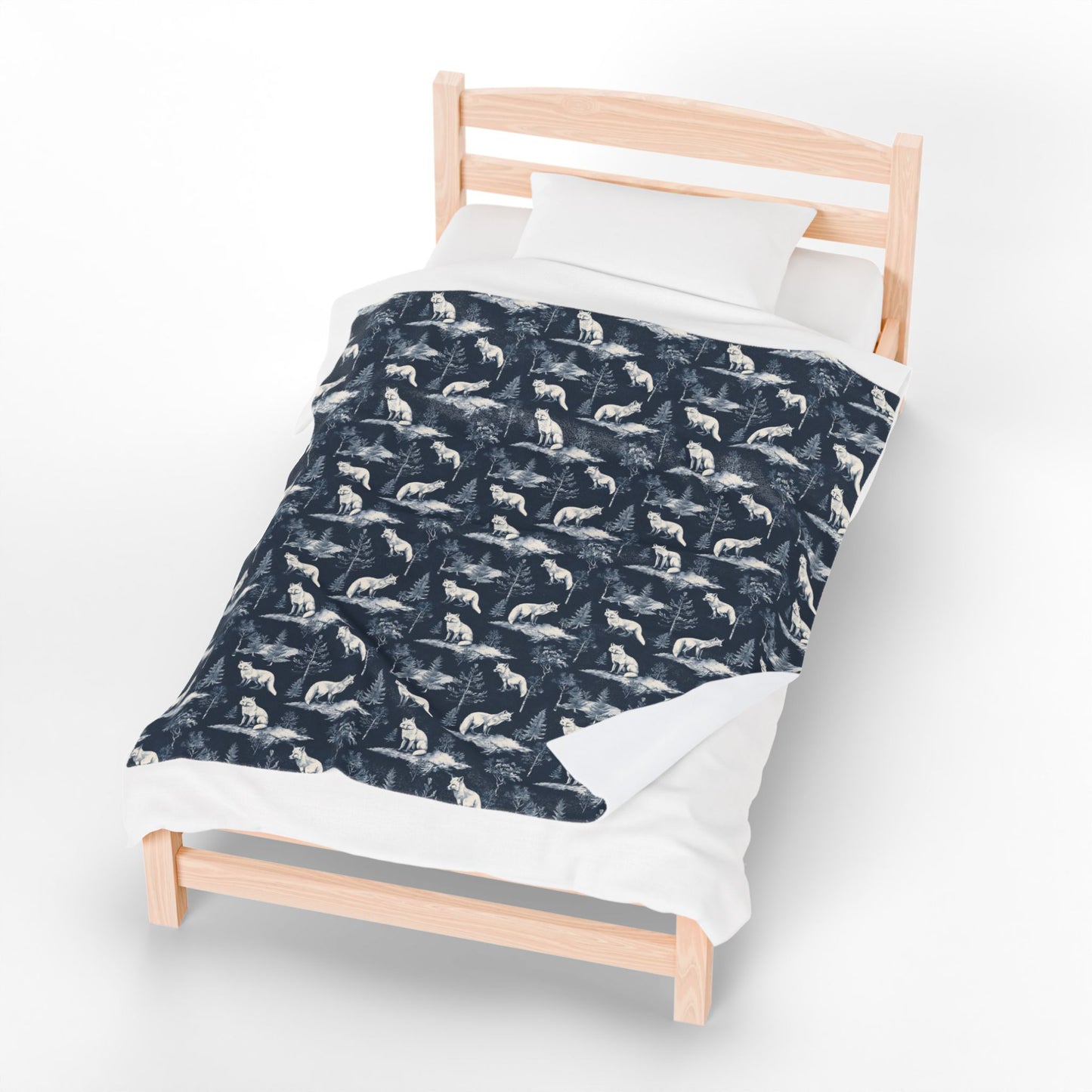 Arctic Fox and Fir Tree Winter Scene Navy and White Velveteen Plush Throw Blanket