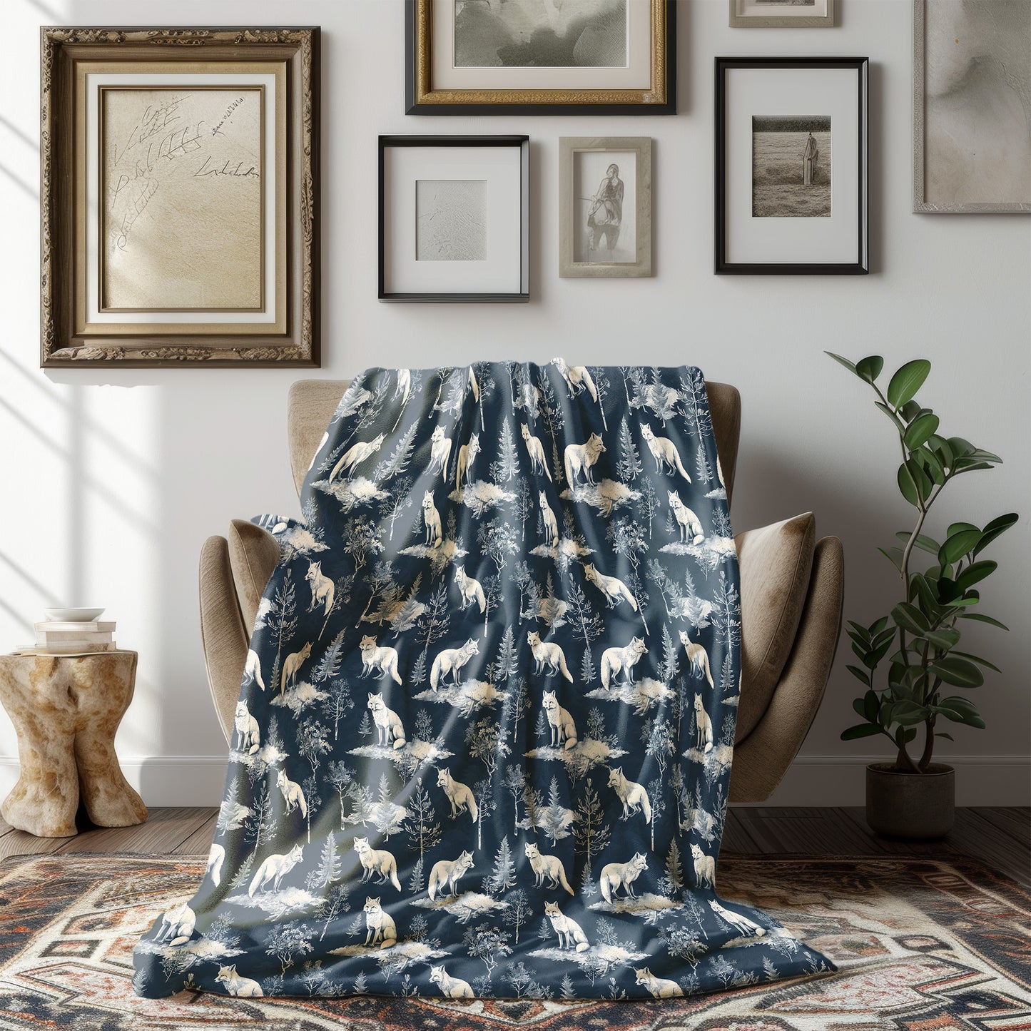 Arctic Fox and Fir Tree Winter Scene Navy and White Velveteen Plush Throw Blanket