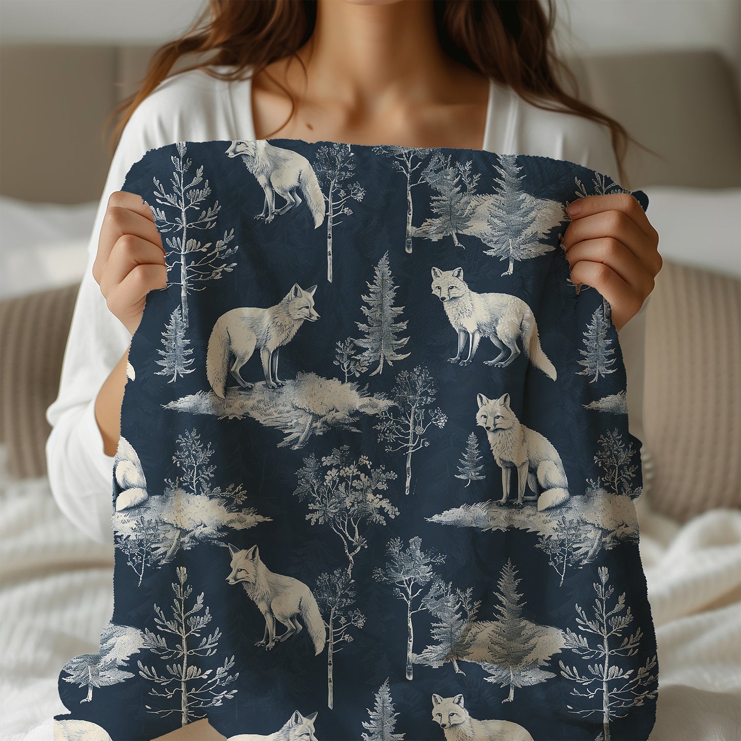 Arctic Fox and Fir Tree Winter Scene Navy and White Velveteen Plush Throw Blanket