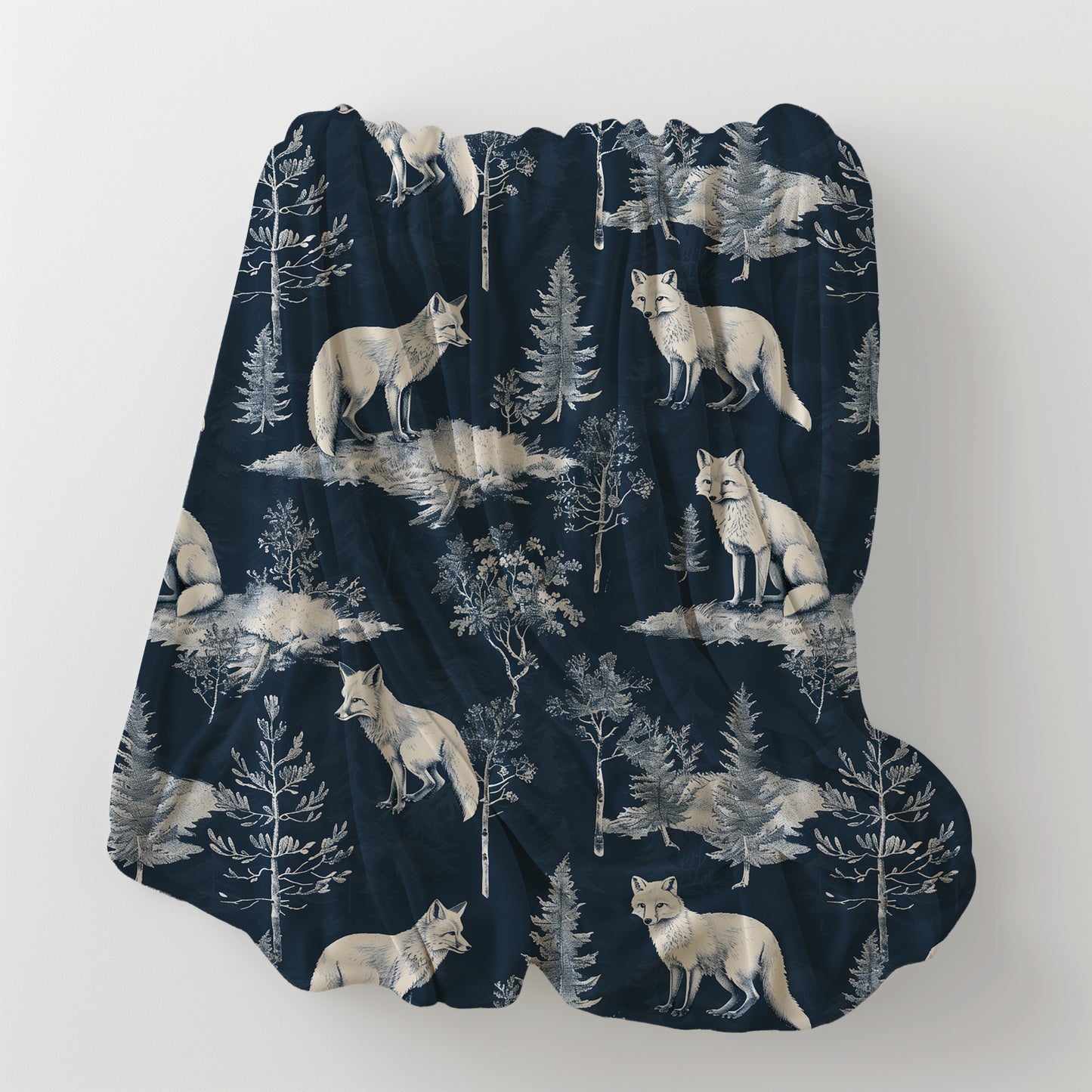 Arctic Fox and Fir Tree Winter Scene Navy and White Velveteen Plush Throw Blanket
