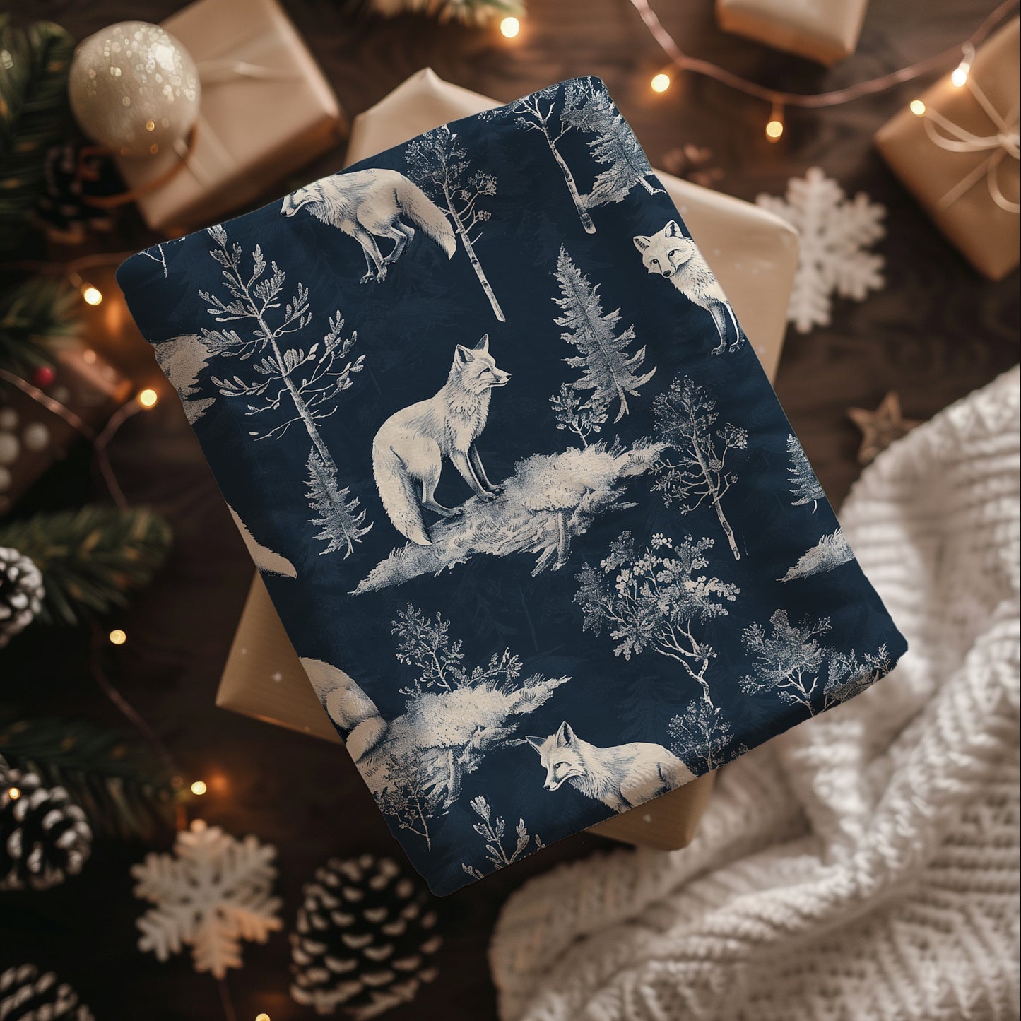 Arctic Fox and Fir Tree Winter Scene Navy and White Velveteen Plush Throw Blanket