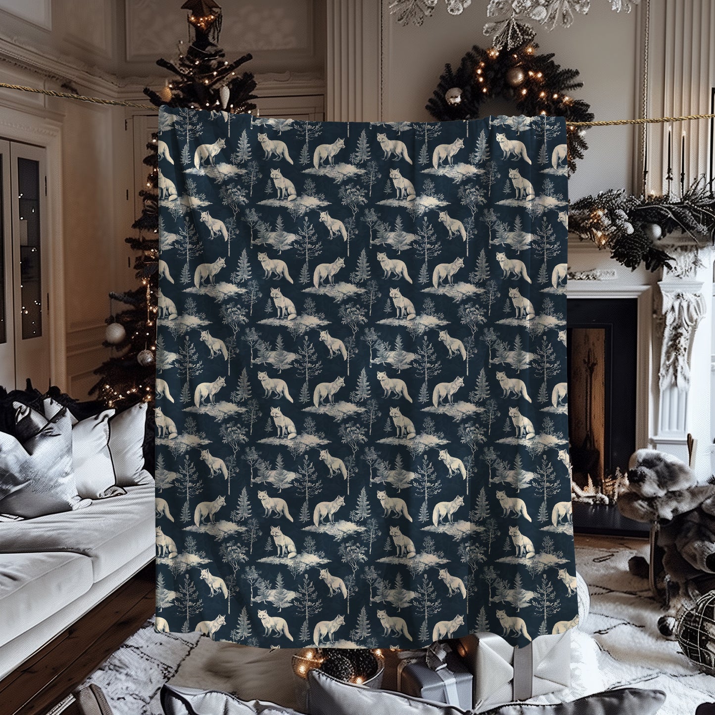 Arctic Fox and Fir Tree Winter Scene Navy and White Velveteen Plush Throw Blanket