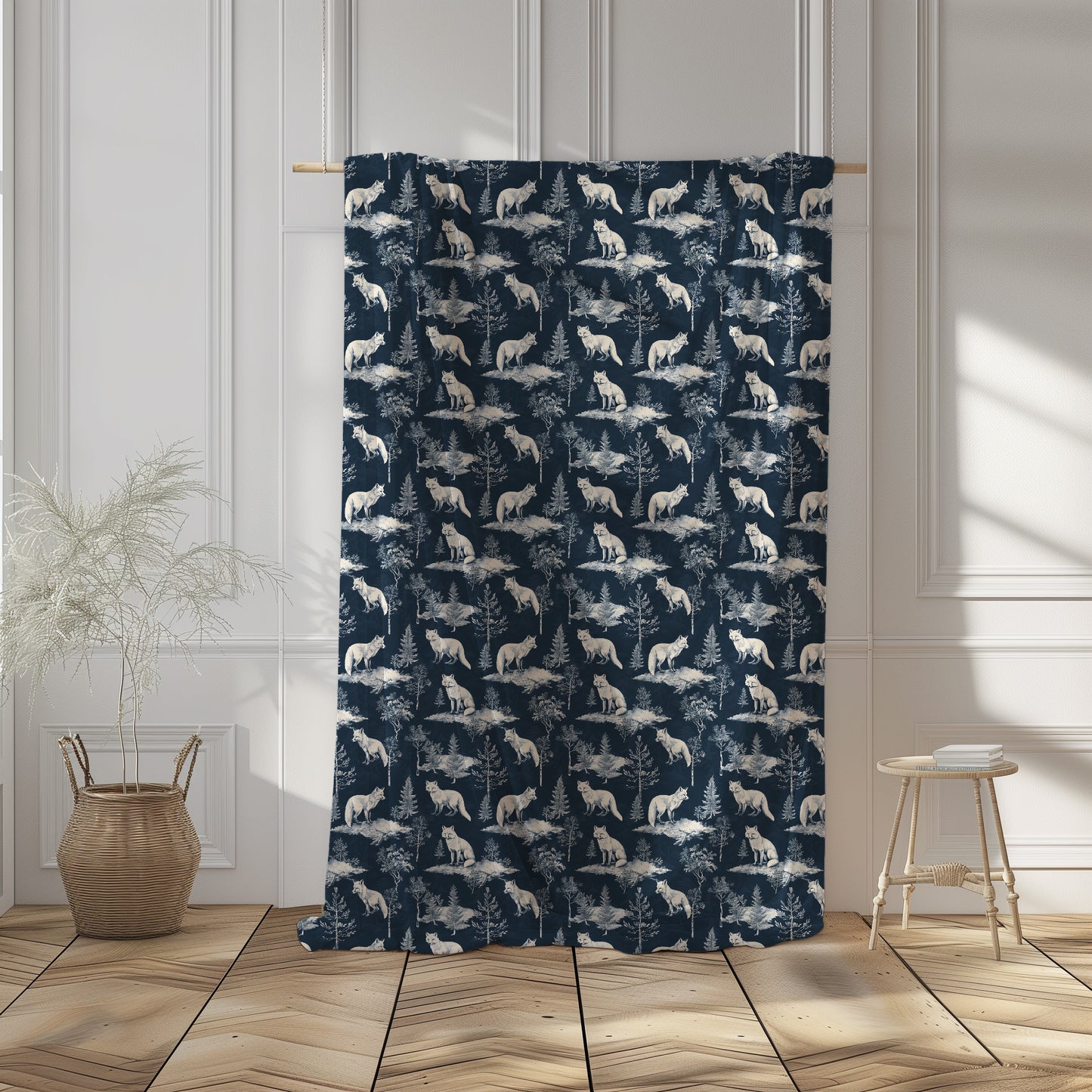 Arctic Fox and Fir Tree Winter Scene Navy and White Velveteen Plush Throw Blanket