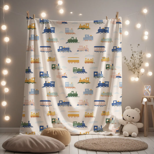 Whimsical Pastel Train Cars Velveteen Plush Throw Blanket