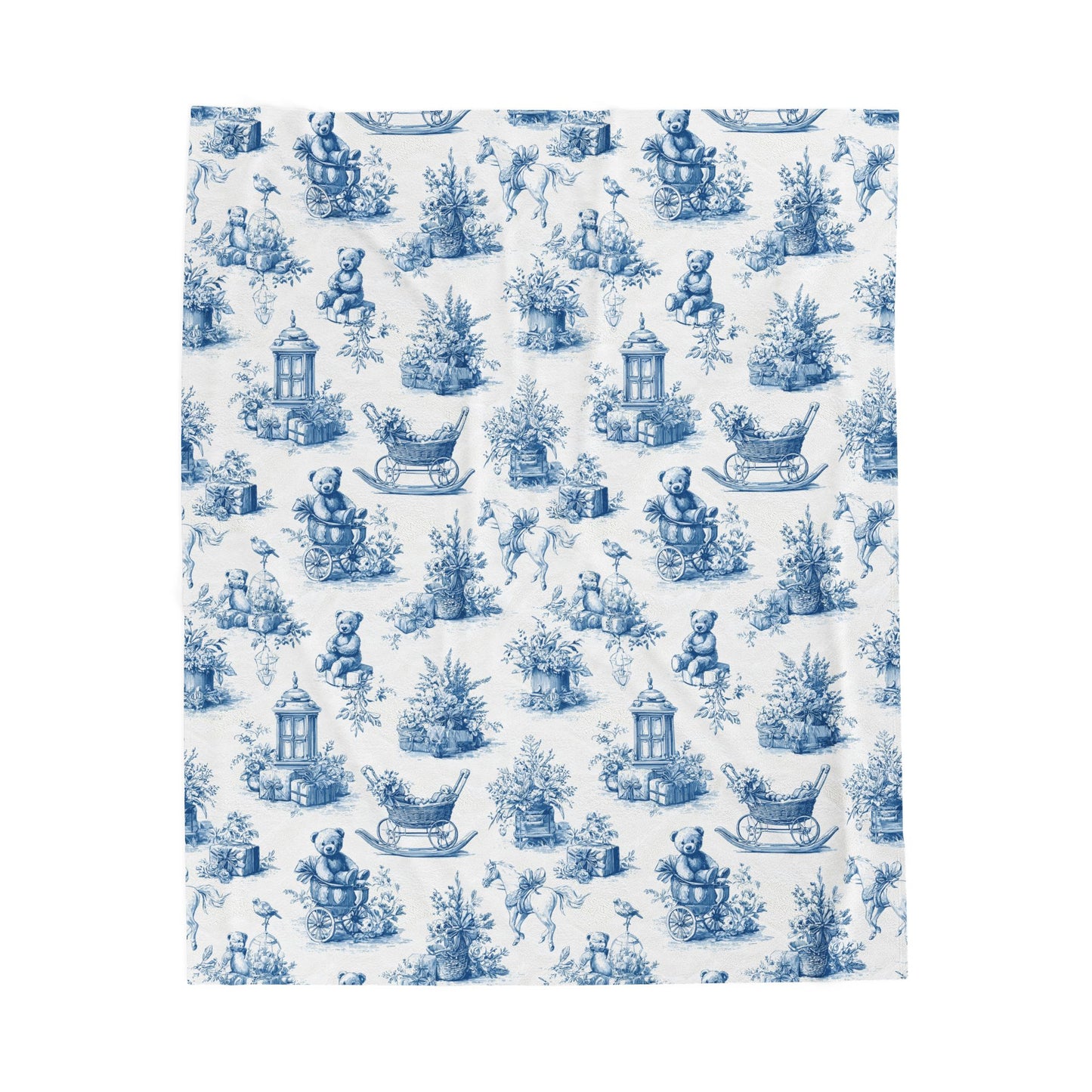 Teddy Bear, Pram, and Horse Baby Nursery Toile de Jouy Velveteen Plush Throw Blanket